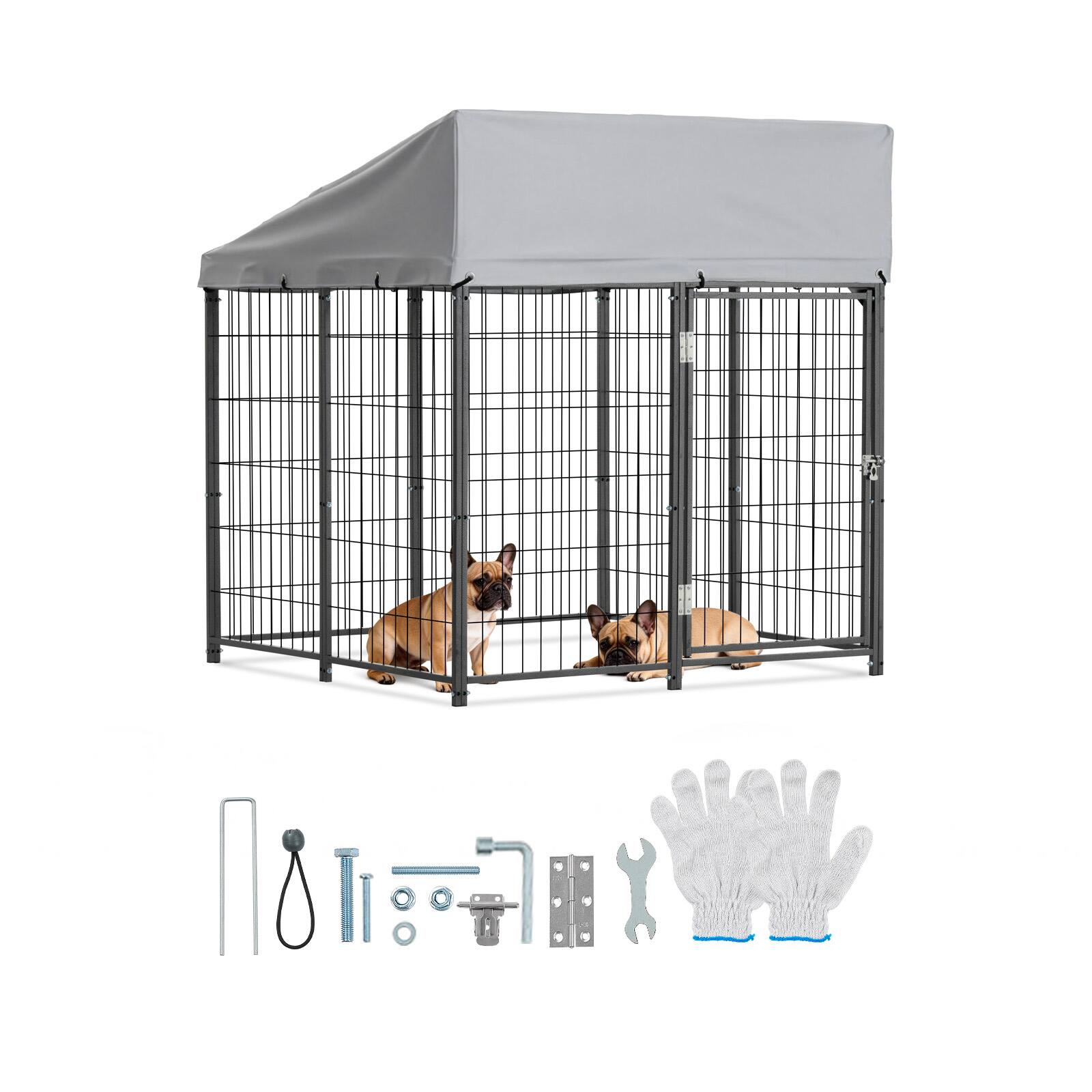 Front. VEVOR - Outdoor Dog Kennel, 3.67 x 3.78 x 4.1 ft Large Dog Kennel with Secure Lock, Outside Dogs Enclosures with UV-Resistant - Black with Silver Accents + Silver Gray.