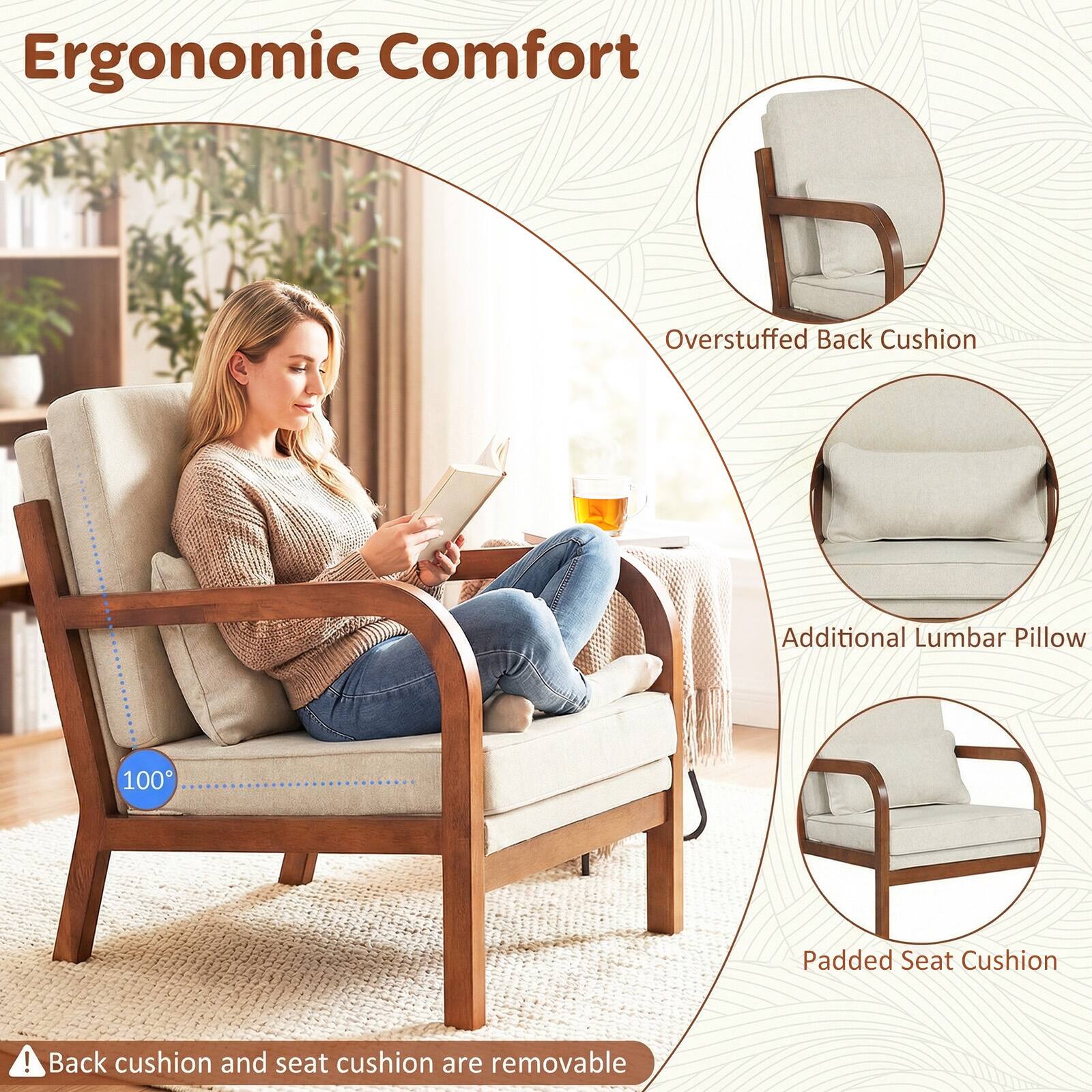 Ergonomic Comfort

- Overstuffed Back Cushion
- Additional Lumbar Pillow
- Padded Seat Cushion

Back cushion and seat cushion are removable