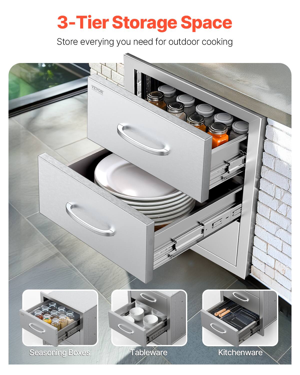 3-Tier Storage Space  
Store everything you need for outdoor cooking  

Seasoning Boxes  
Tableware  
Kitchenware