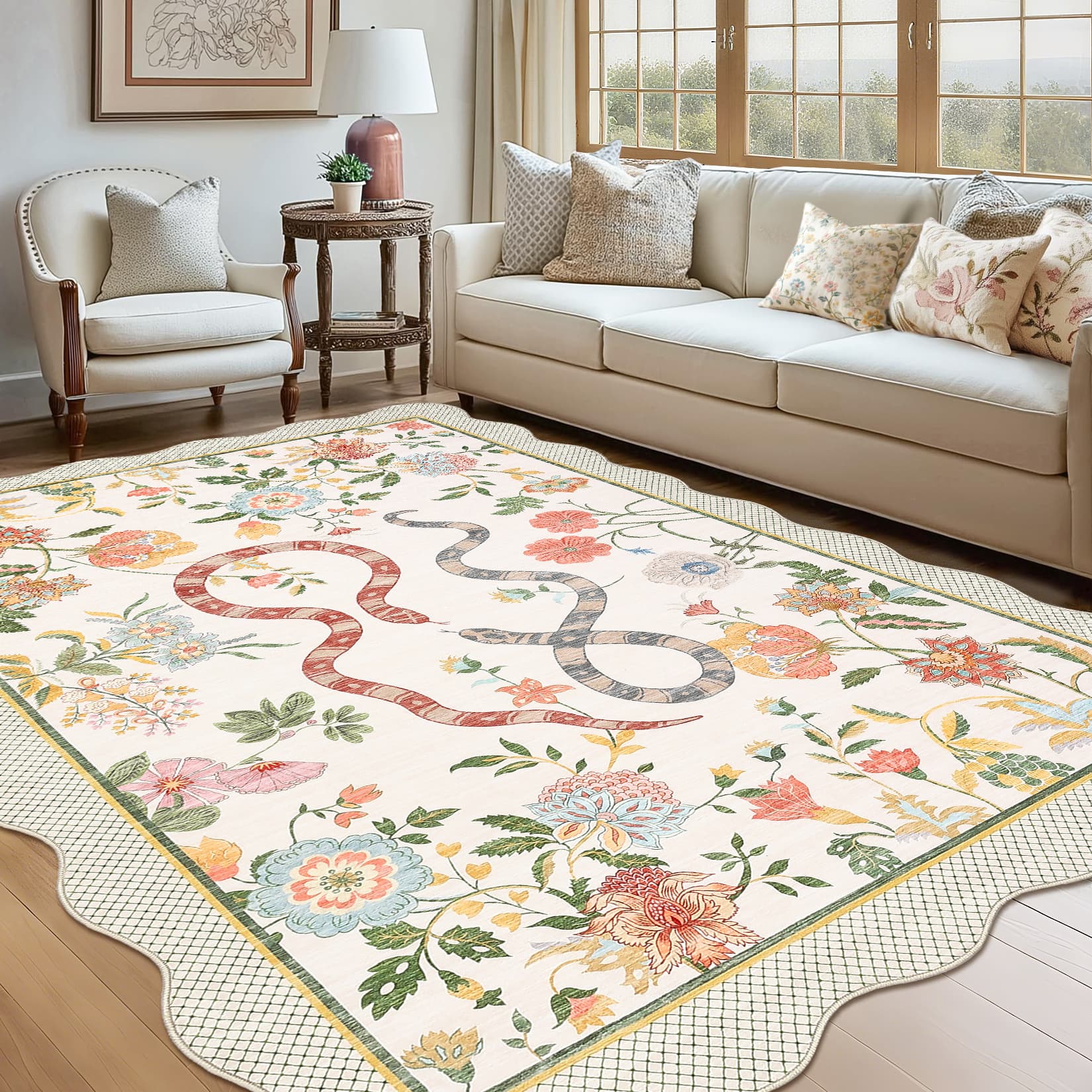 GARVEE - Pastoral Washable Area Rug with Floral & Snake Pattern Ultra Soft Low Pile Non Slip Rug for Boho Farmhouse Bedroom - Beige