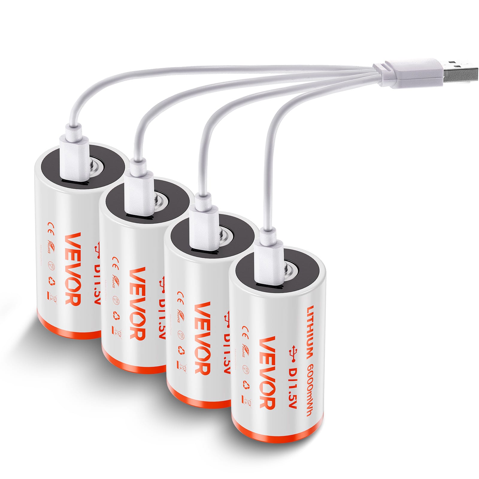 VEVOR - Rechargeable D Batteries, 4 Pack, 1.5V 6000mWh Lithium D Battery with 4 in 1 USB-C Charge Cable