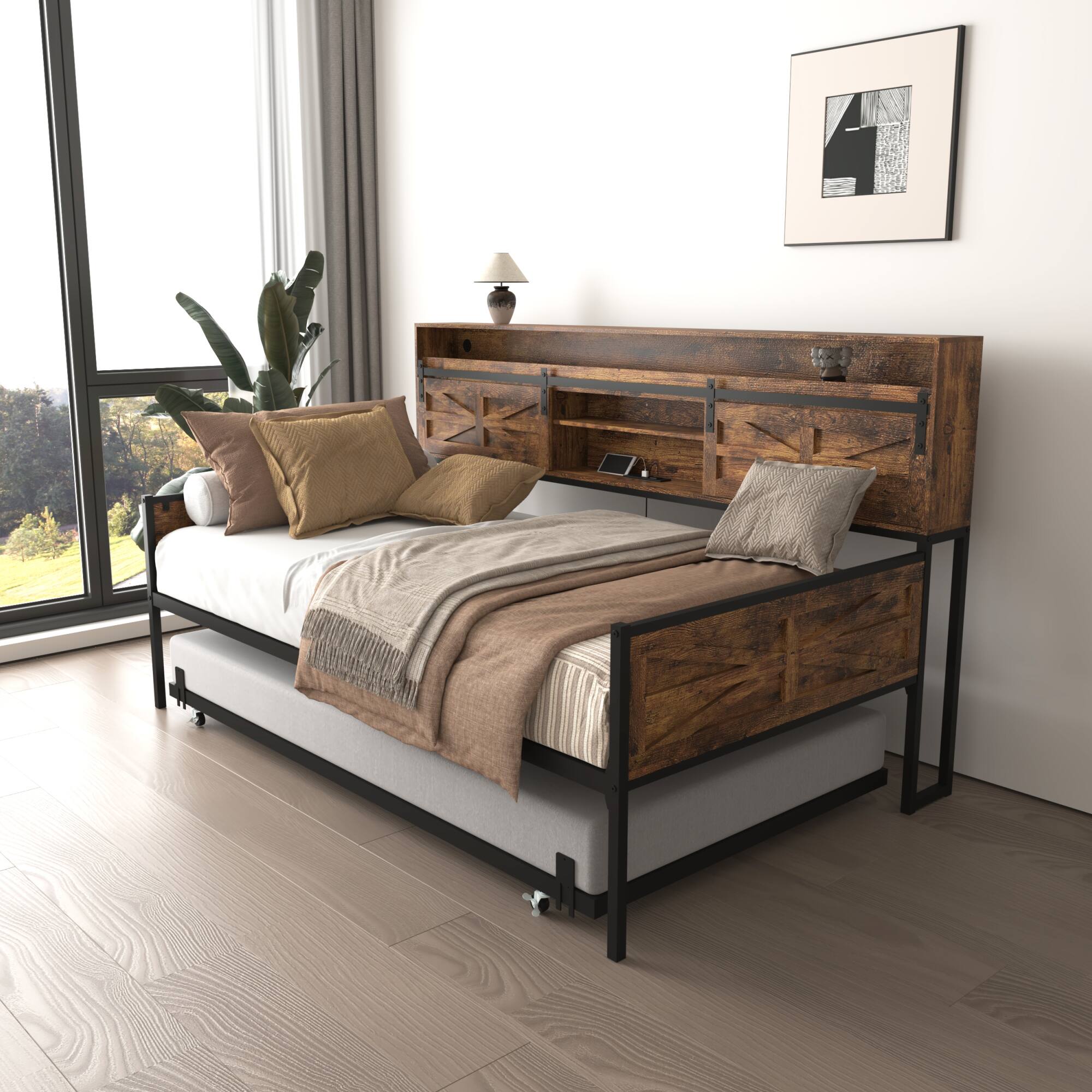 Alt View 4. GOODSILO - Farmhouse Style Twin Daybed with Trundle and Built-In Charging Station for Versatile Bedroom or Guest Room Use - Black+Brown.
