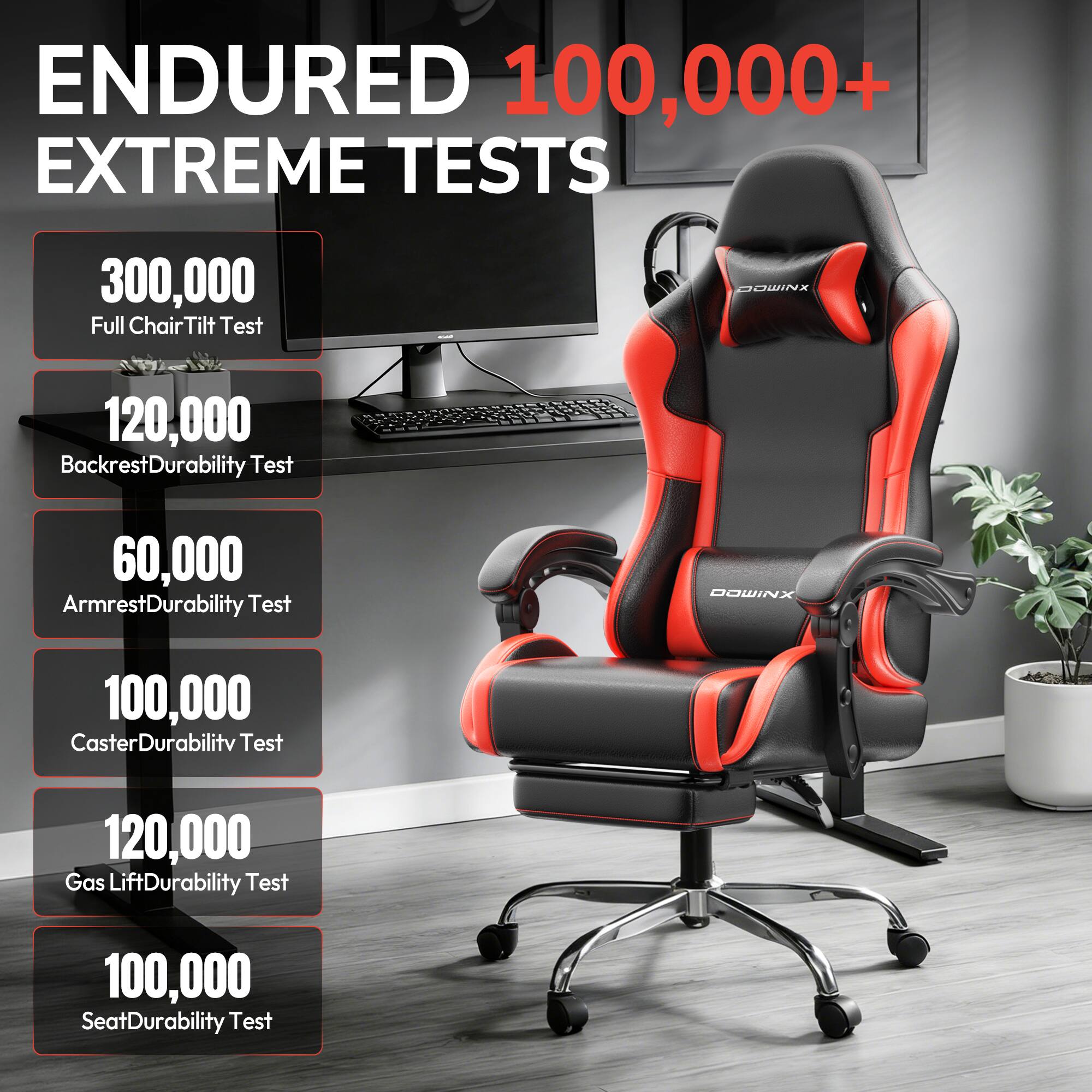 ENDURED 100,000+ EXTREME TESTS

- 300,000 Full Chair Tilt Test
- 120,000 Backrest Durability Test
- 60,000 Armrest Durability Test
- 100,000 Caster Durability Test
- 120,000 Gas Lift Durability Test
- 100,000 Seat Durability Test