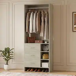 Aheaplus - 2.5FT Closet System with 3 Drawers, 29.6'' Closet Organizer with Hanging Rod and Shelves - Beige Oak