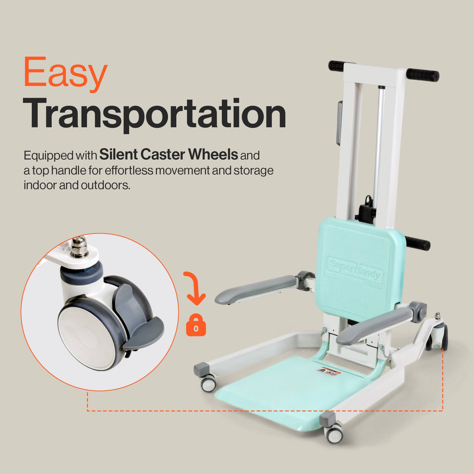 Easy Transportation  
Equipped with Silent Caster Wheels and a top handle for effortless movement and storage indoor and outdoors.  

SuperHandy