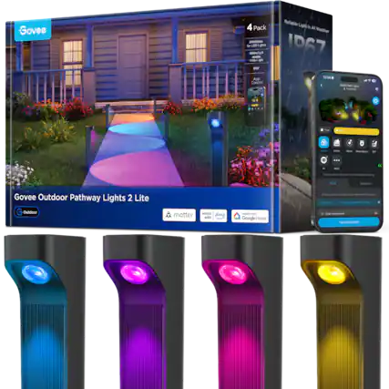 Govee 4 Pack 20000P - LED Lights 10 Lights - Wi-Fi Smart Control ... Reliable Light in All Weather IP67 - 12:20 4 Year Warranty - Compatible with Alexa, Google Home, and Matter - Govee Outdoor Pathway Lights 2 Lite