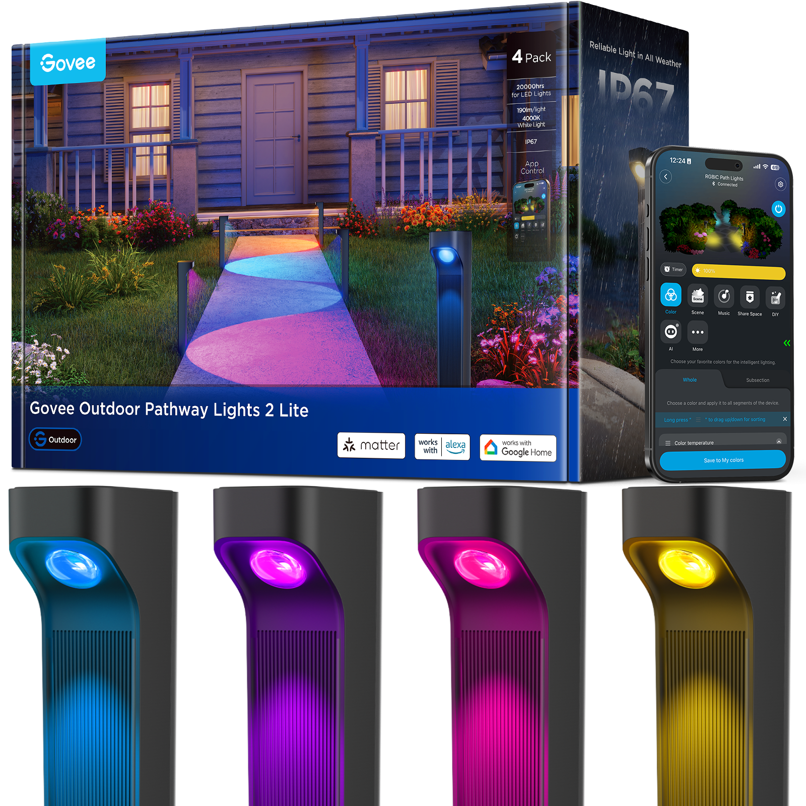 Govee 4 Pack 20000P - LED Lights 10 Lights - Wi-Fi Smart Control ... Reliable Light in All Weather IP67 - 12:20 4 Year Warranty - Compatible with Alexa, Google Home, and Matter - Govee Outdoor Pathway Lights 2 Lite