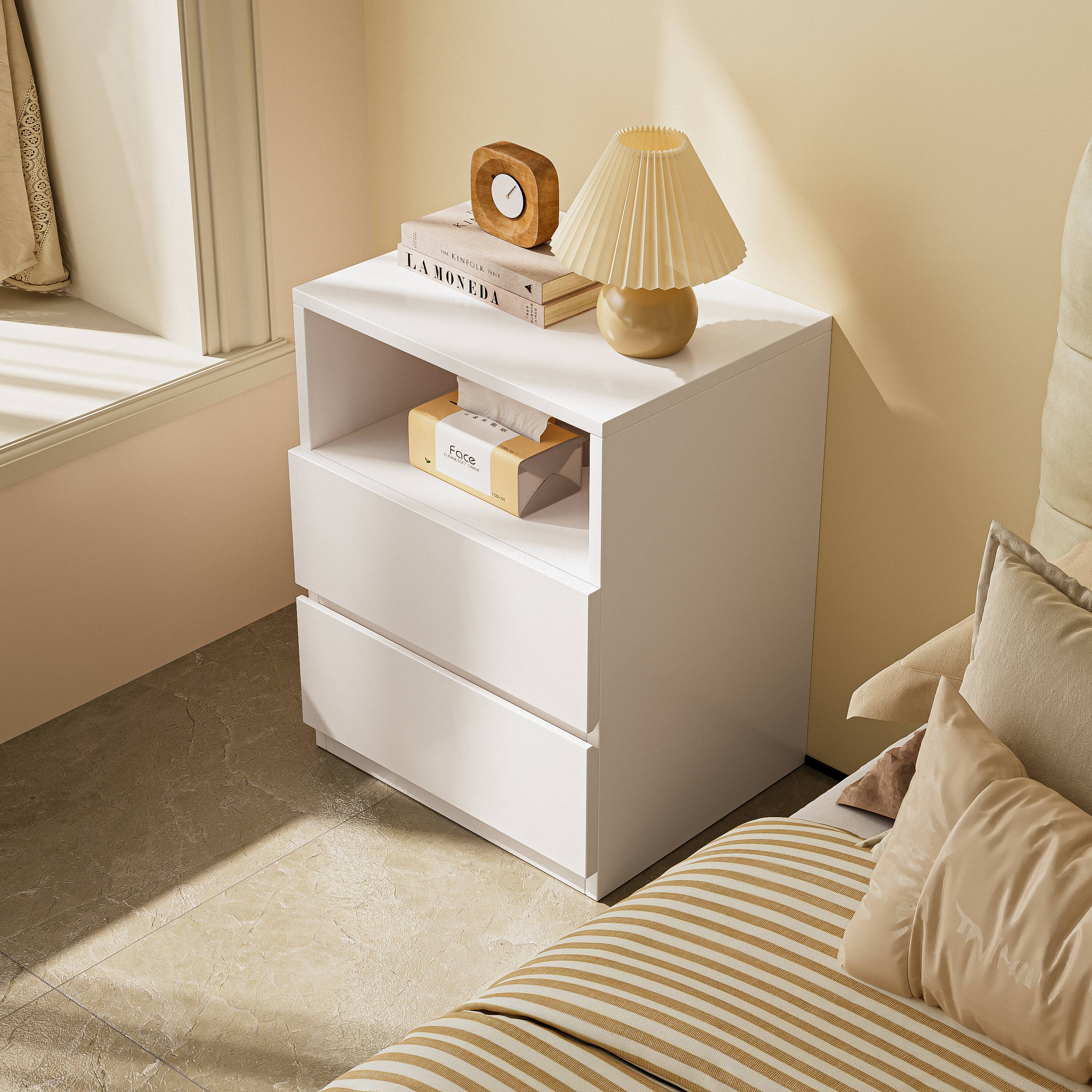 Alt View 4. MSOOB - Wooden Storage Cabinet, Freestanding Floor Cabinet Nightstands with 2 Drawers for Living Room - White.