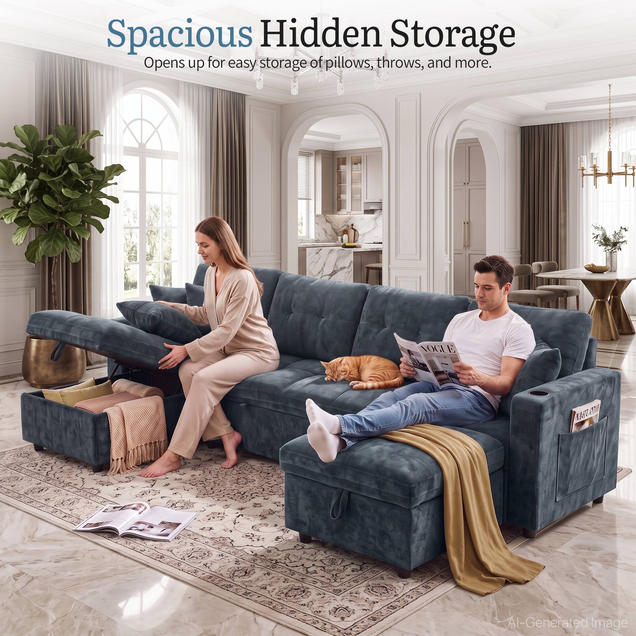 Spacious Hidden Storage Opens up for easy storage of pillows, throws, and more.