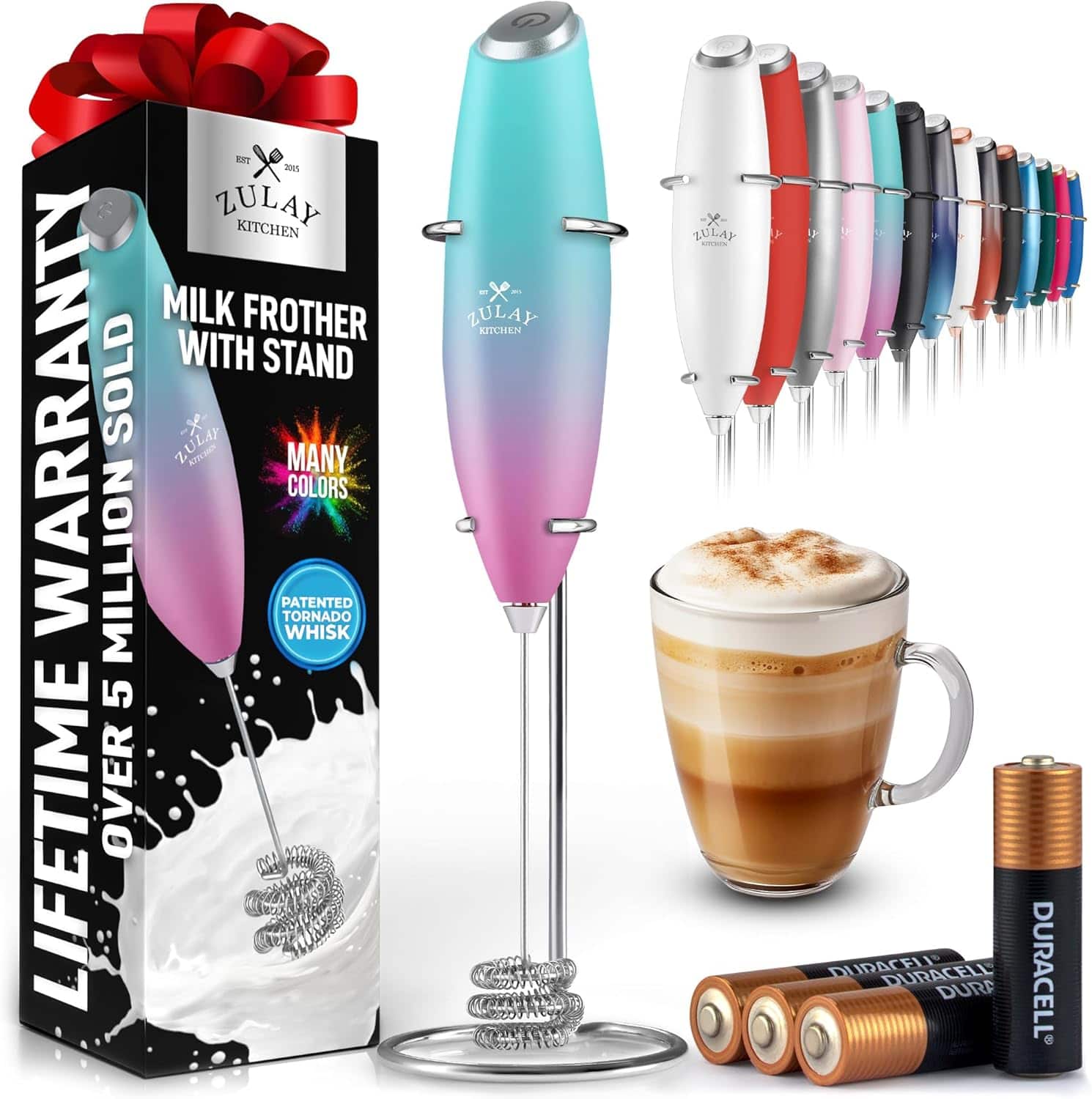 ZULAY KITCHEN  
MILK FROTHER WITH STAND  
LIFETIME WARRANTY  
OVER 5 MILLION SOLD  
MANY COLORS  
PATENTED TORNADO WHISK  
DURACELL