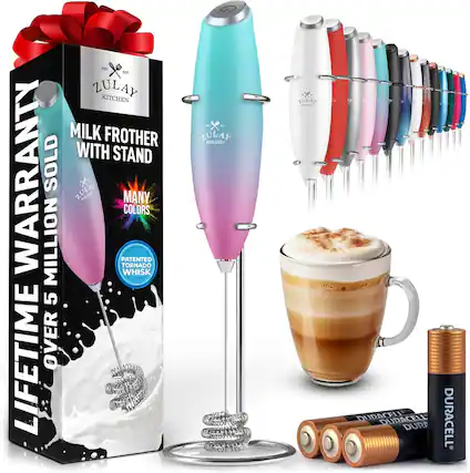 ZULAY KITCHEN
MILK FROTHER WITH STAND
LIFETIME WARRANTY
OVER 5 MILLION SOLD
MANY COLORS
PATENTED TORNADO WHISK
DURACELL