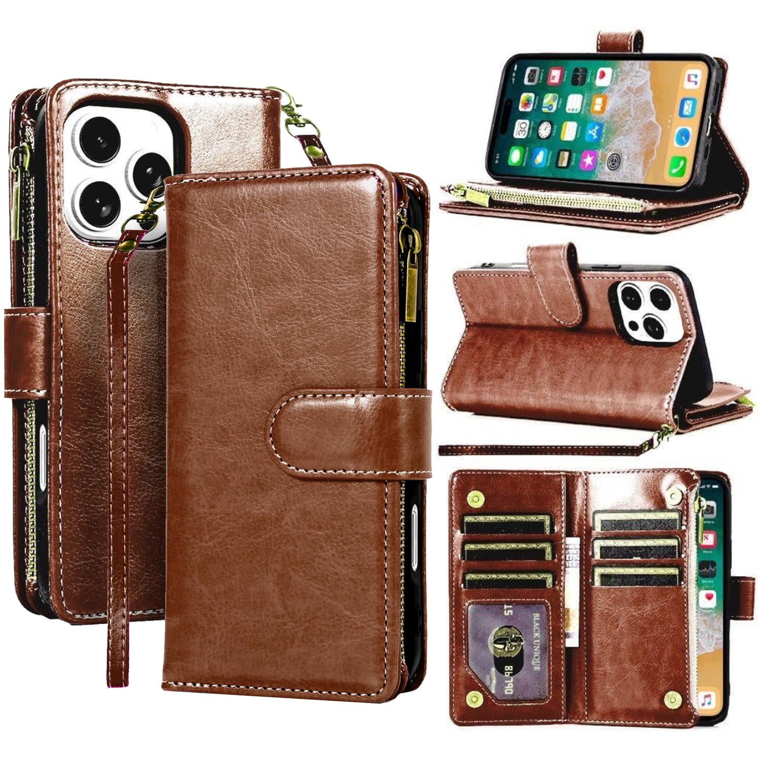 "Equipd - Phone Case for iPhone 16 Pro Max 6.9"", Luxury Wallet Card ID Zipper Money Holder Cover - Brown" price history on PriceWatchPro