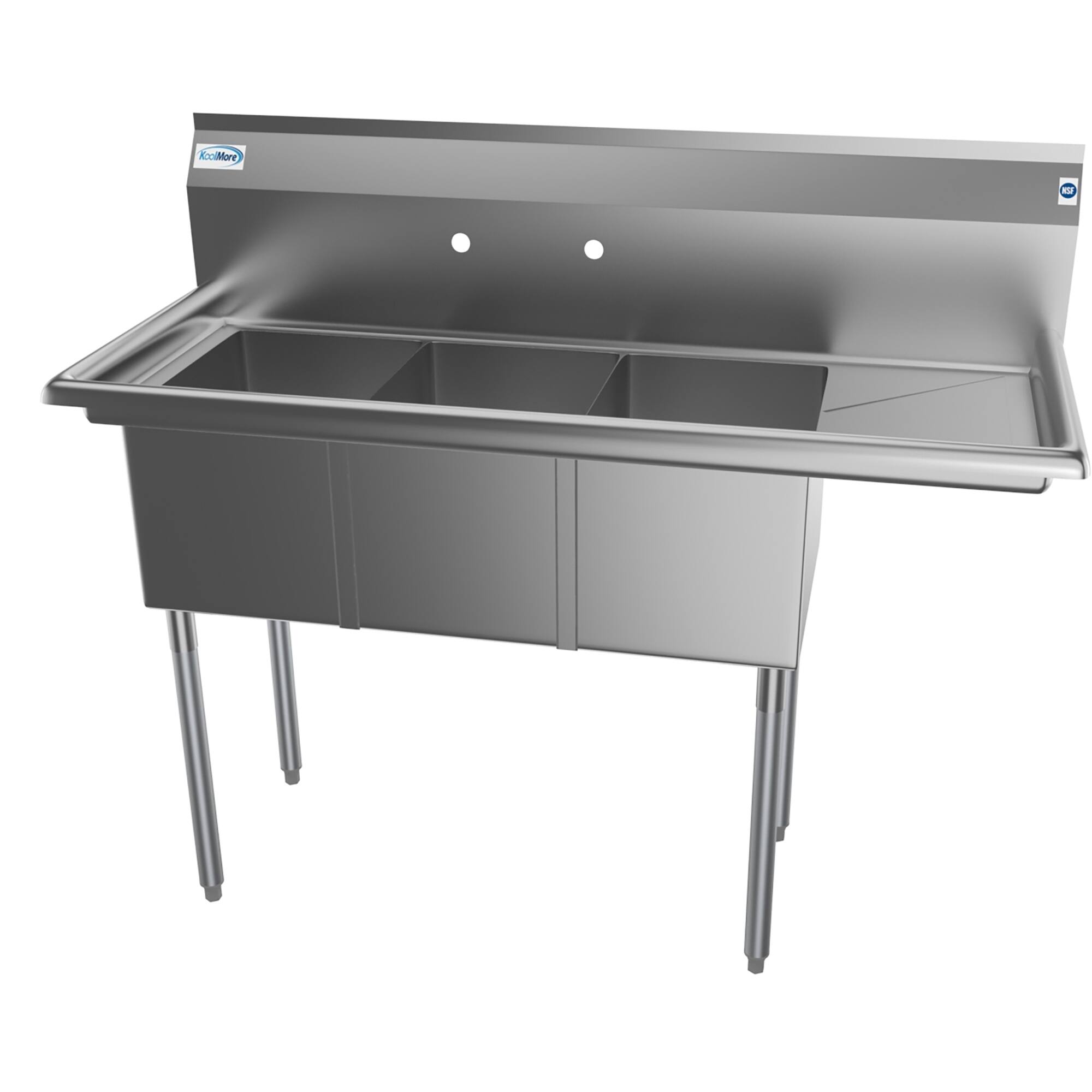 Left. Koolmore - 51 in. Three Compartment Stainless Steel  Sink with Drainboard, Bowl Size 12"x 16"x 10" SC121610-12R3. - Stainless Steel.