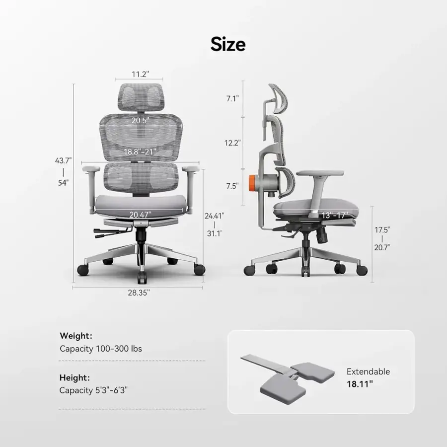 Size: 11.2" 7.1" 20.5" 43.7"

I: 54" 18.8"-21" 21" 12.2" 7.5" 20,47" 24.41"

I: 31.1" 13-17 17.5" | 20.7" 28.35"

Weight: Capacity 100-300 lbs
Height: Capacity 5'3"-6'3"
Extendable: 18.11"