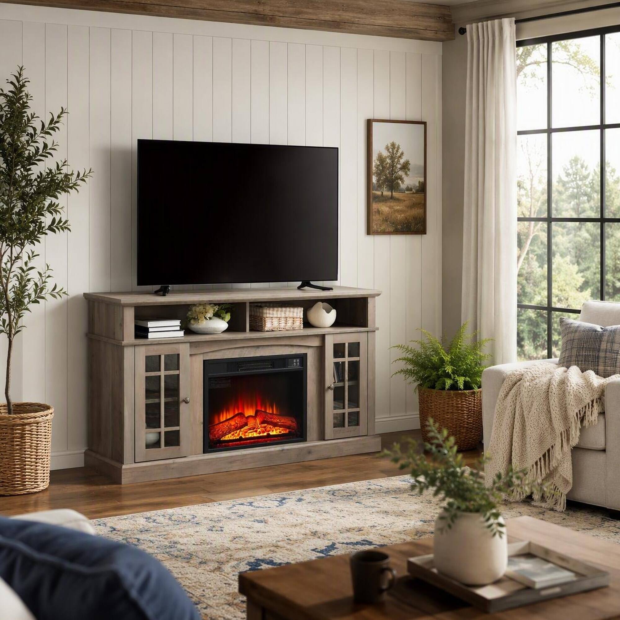 Angle. RYHNUYNE - Gray Wash Media Console with Built-In Electric Fireplace, Fits TVs Up to 65 Inches, Open Shelving - Gray.
