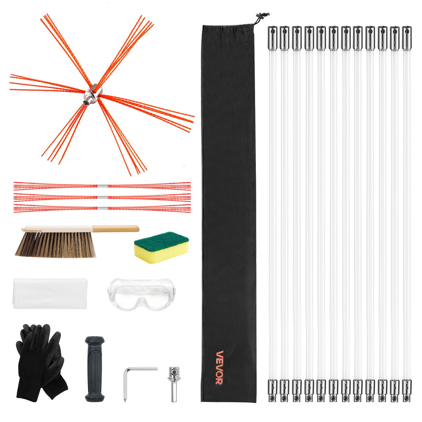 Alt View 5. VEVOR - 39 ft Extendable Chimney Cleaning Kit with Bristle Replacements & Safety Goggles, Flexible Design for 90° Angles - White.