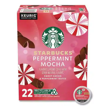 KEURIG GENUINE K-CUP PODS
STARBUCKS PEPPERMINT MOCHA
FLAVORED GROUND COFFEE WITH OTHER NATURAL FLAVORS
SWEET COCOA & PEPPERMINT NOTES
RECYCLABLE
22 K-CUP PODS
PEEL, EMPTY, RECYCLE
CHEOKLOCALLY NOT RECYCLED IN MANY COMMUNITIES
STARBUCKS PEPPERMINT MOCHA