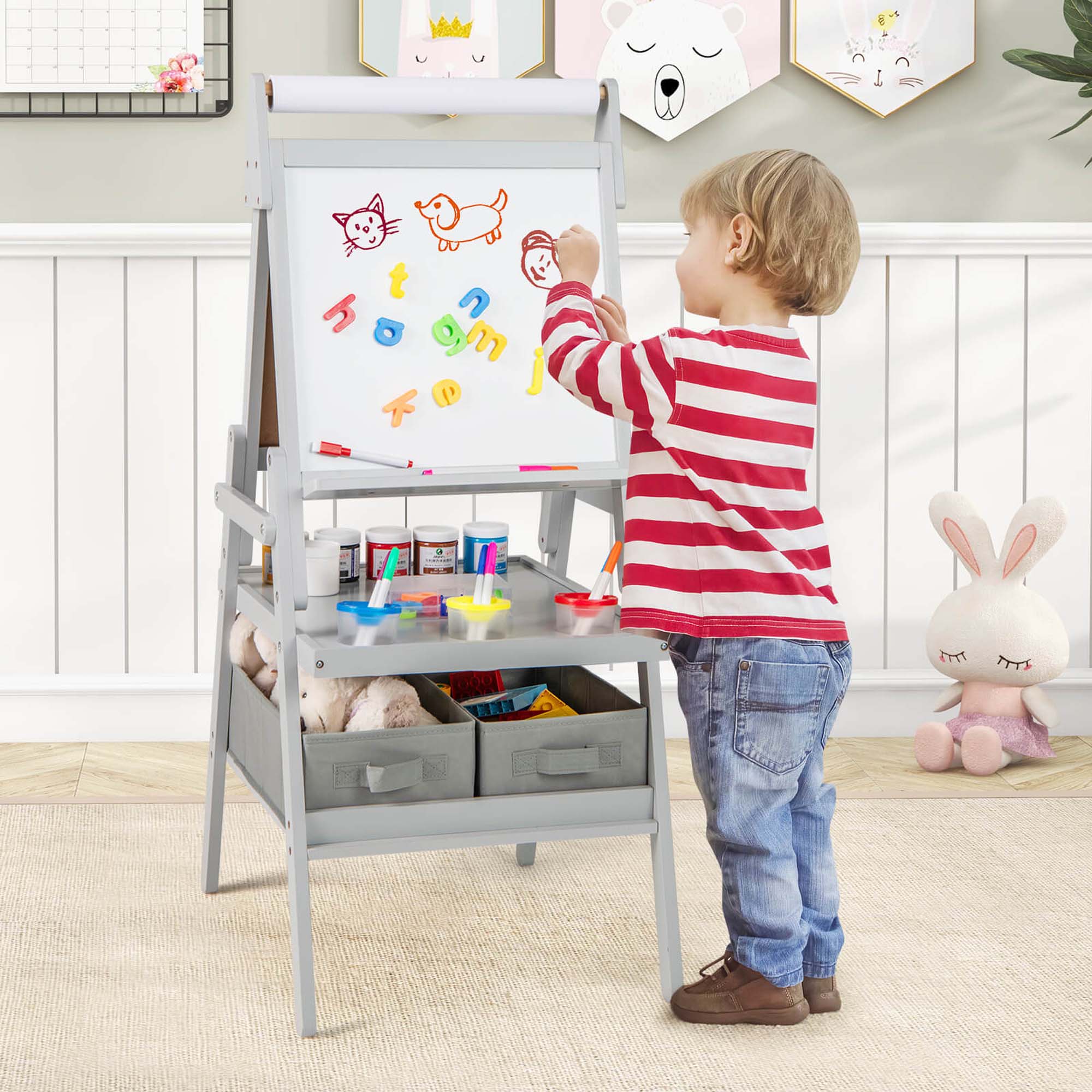 Alt View 3. Costway - Costway 3-in-1 Art Easel for Kids with Magnetic Chalkboard & Whiteboard Paper Roll - Gray.