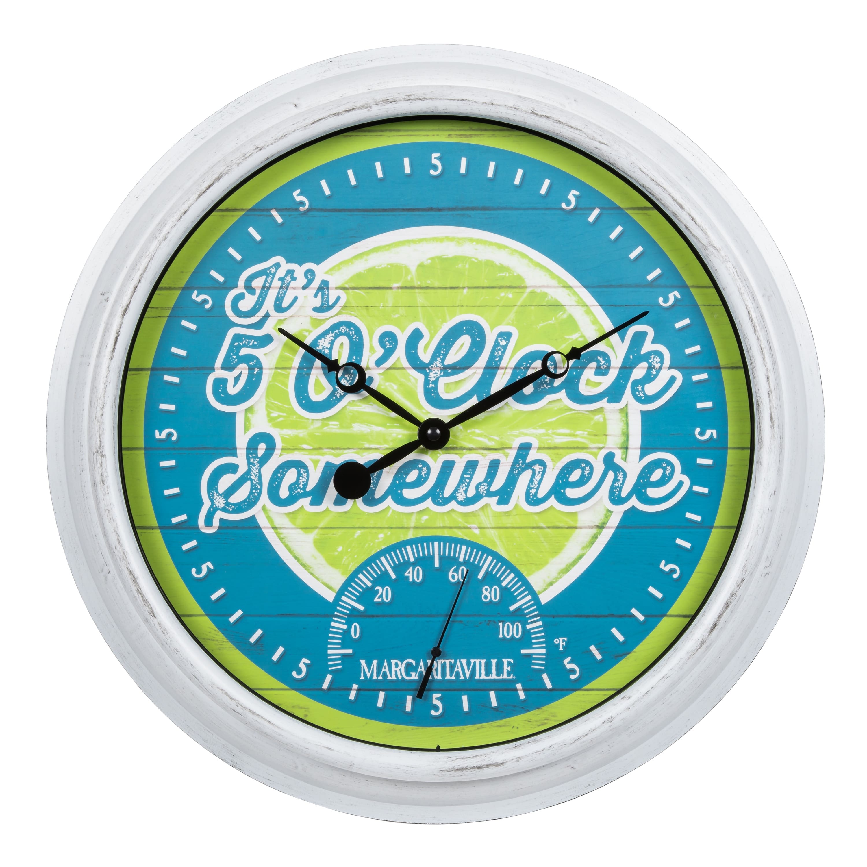 La Crosse Clock Co. - 15.75 Inch Margaritaville 5 O'clock Somewhere Indoor/Outdoor Analog Quartz Wall Clock with Temperature - Multicolor/White