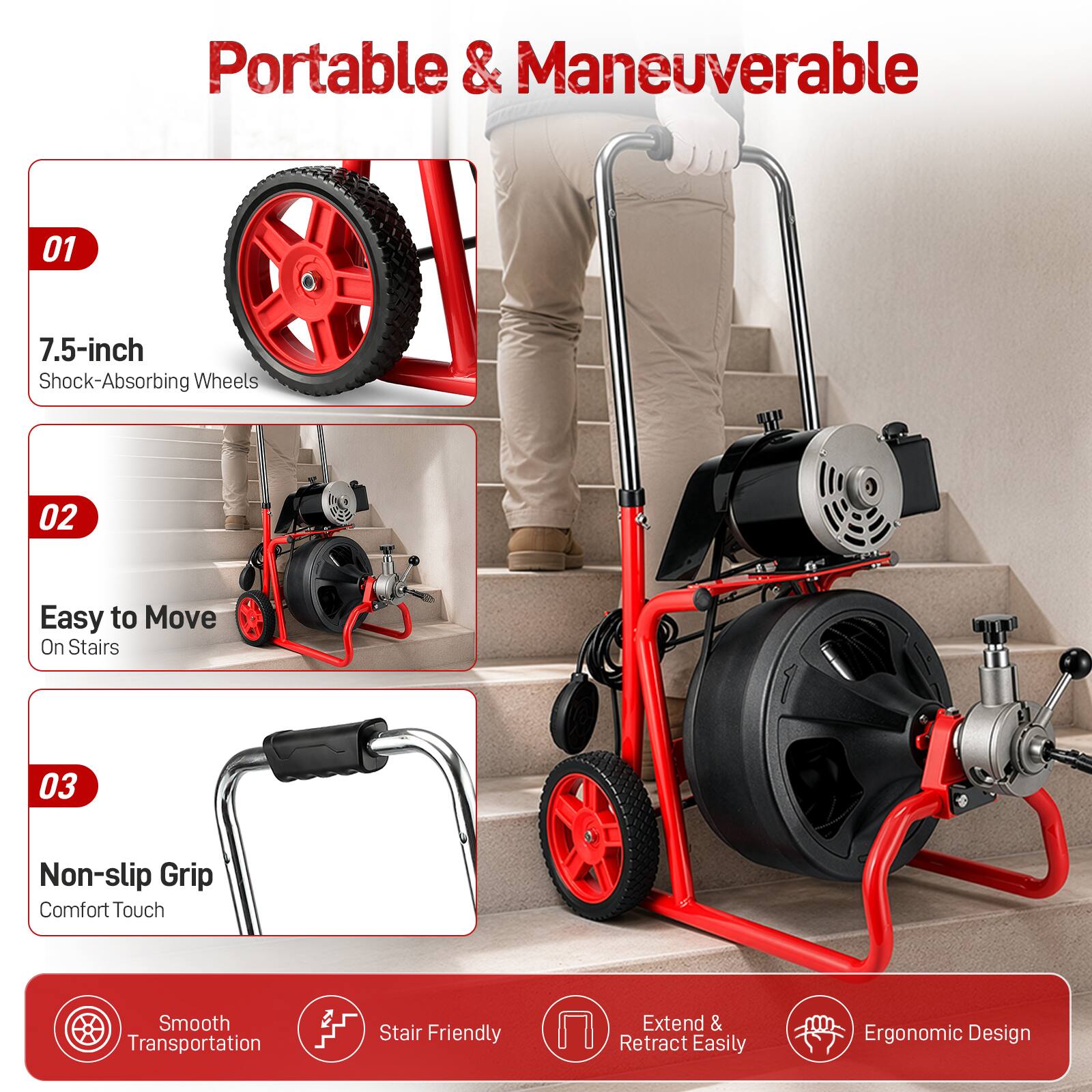 Portable & Maneuverable

01
7.5-inch Shock-Absorbing Wheels

02
Easy to Move On Stairs

03
Non-slip Grip Comfort Touch

Smooth Transportation
Stair Friendly
Extend & Retract Easily
Ergonomic Design