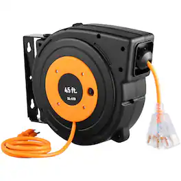 Glintex - Retractable Extension Cord Reel 45FT Heavy Duty 12AWG/3C with Triple Outlet and 15A Circuit Breaker - Black