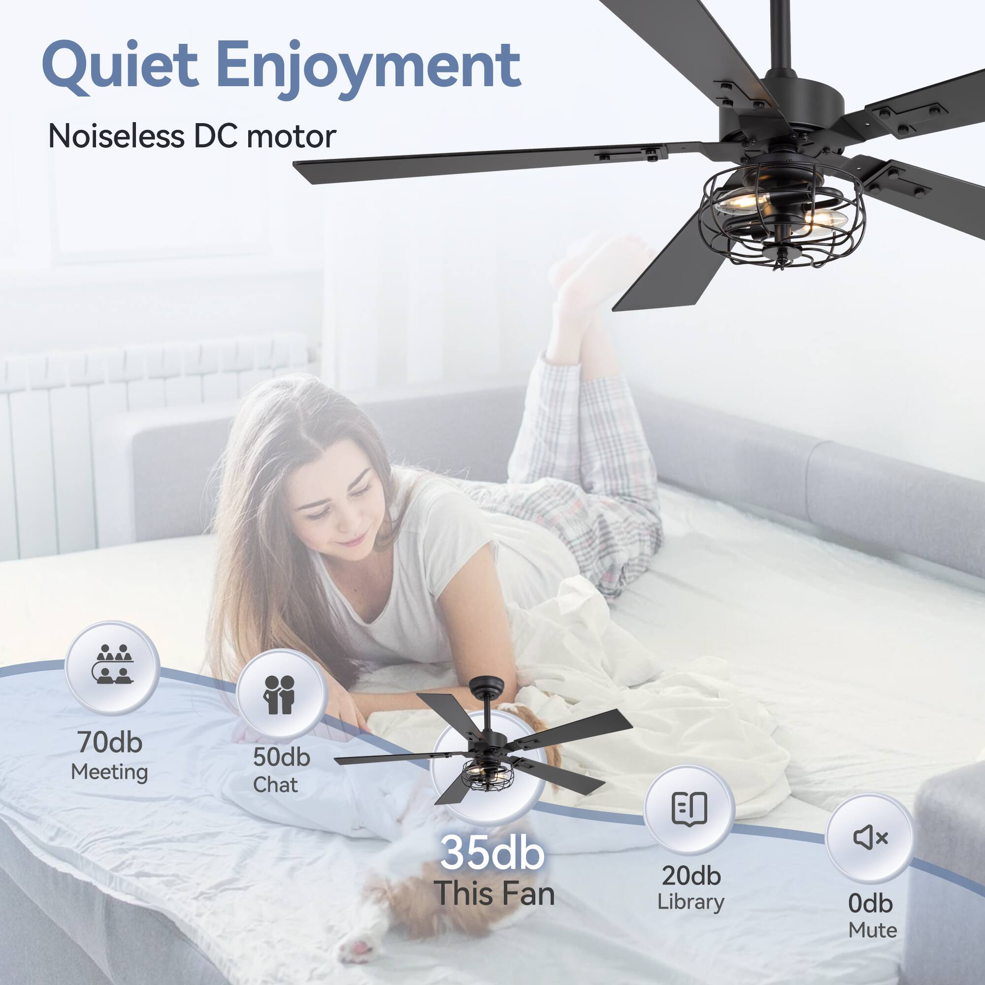 Quiet Enjoyment, Noiseless DC motor, 70db Meeting, 50db Chat, 35db This Fan, 20db Library, 0db Mute