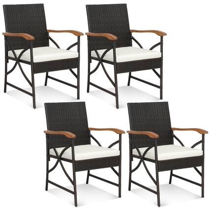 Front. Costway - Costway Wicker Dining Chair Set of 4 with Wood Armrests & Curved Backrest, Soft Cushion - Mix Brown,Off White.