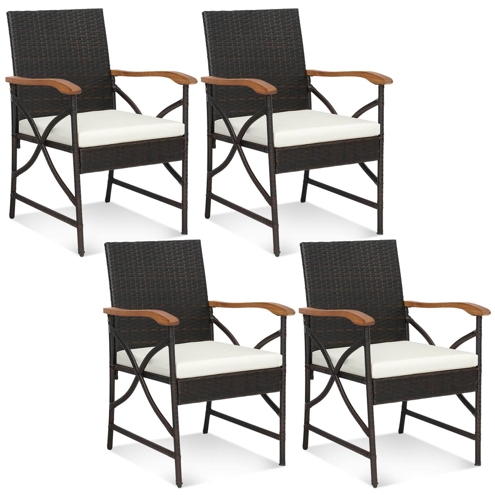 Front. Costway - Costway Wicker Dining Chair Set of 4 with Wood Armrests & Curved Backrest, Soft Cushion - Mix Brown,Off White.