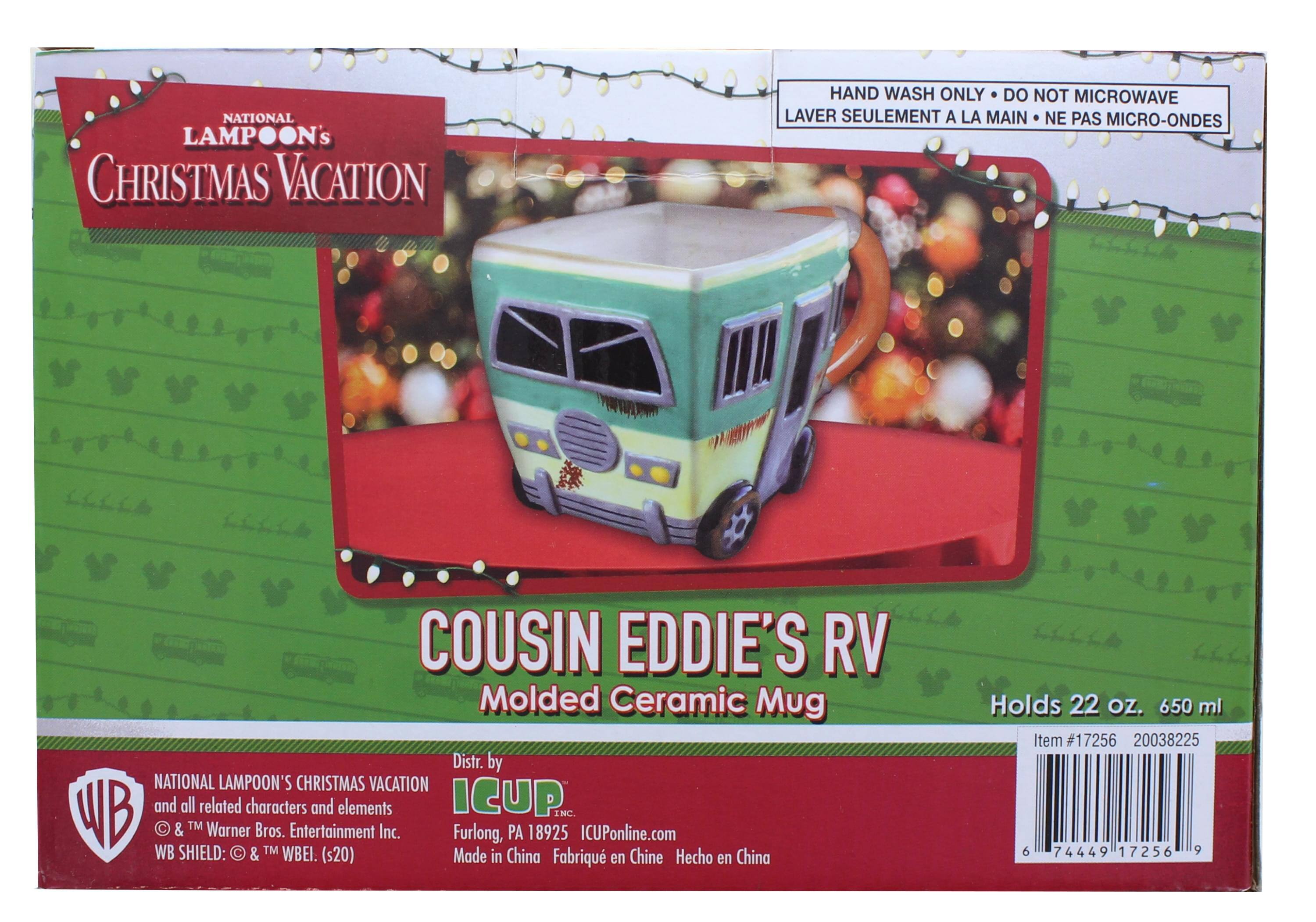 NATIONAL LAMPOON'S CHRISTMAS VACATION  
COUSIN EDDIE'S RV  
Molded Ceramic Mug  

HAND WASH ONLY • DO NOT MICROWAVE  
LAVER SEULEMENT A LA MAIN • NE PAS MICRO-ONDES  

Holds 22 oz. 650 ml  

Distr. by ICUP INC.  
Furlong, PA 18925  
ICUPonline.com  

© & ™ Warner Bros. Entertainment Inc.  
WB SHIELD: © & ™ WBEI. (s20)  

Made in China  
Fabriqué en Chine  
Hecho en China  

Item #17256 20038225  
6 74449 17256 9
