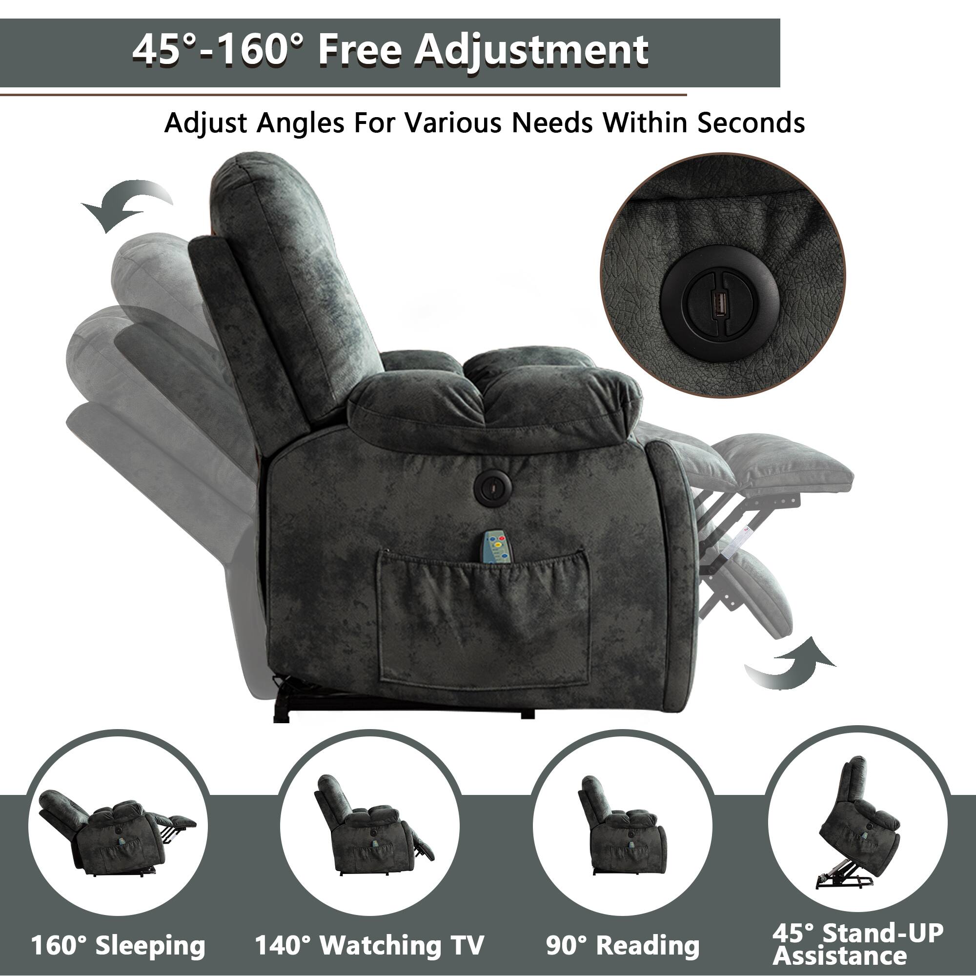 45°-160° Free Adjustment  
Adjust Angles For Various Needs Within Seconds  

160° Sleeping  
140° Watching TV  
90° Reading  
45° Stand-UP Assistance