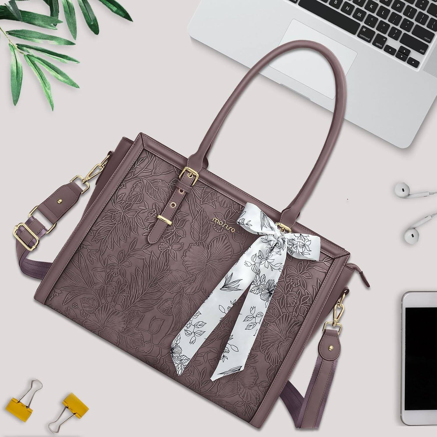Alt View 3. mosiso - Laptop Bag for Women 15-15.6 inch PU Leather Tote Bag Work Briefcase Computer Bags - Slate Purple.