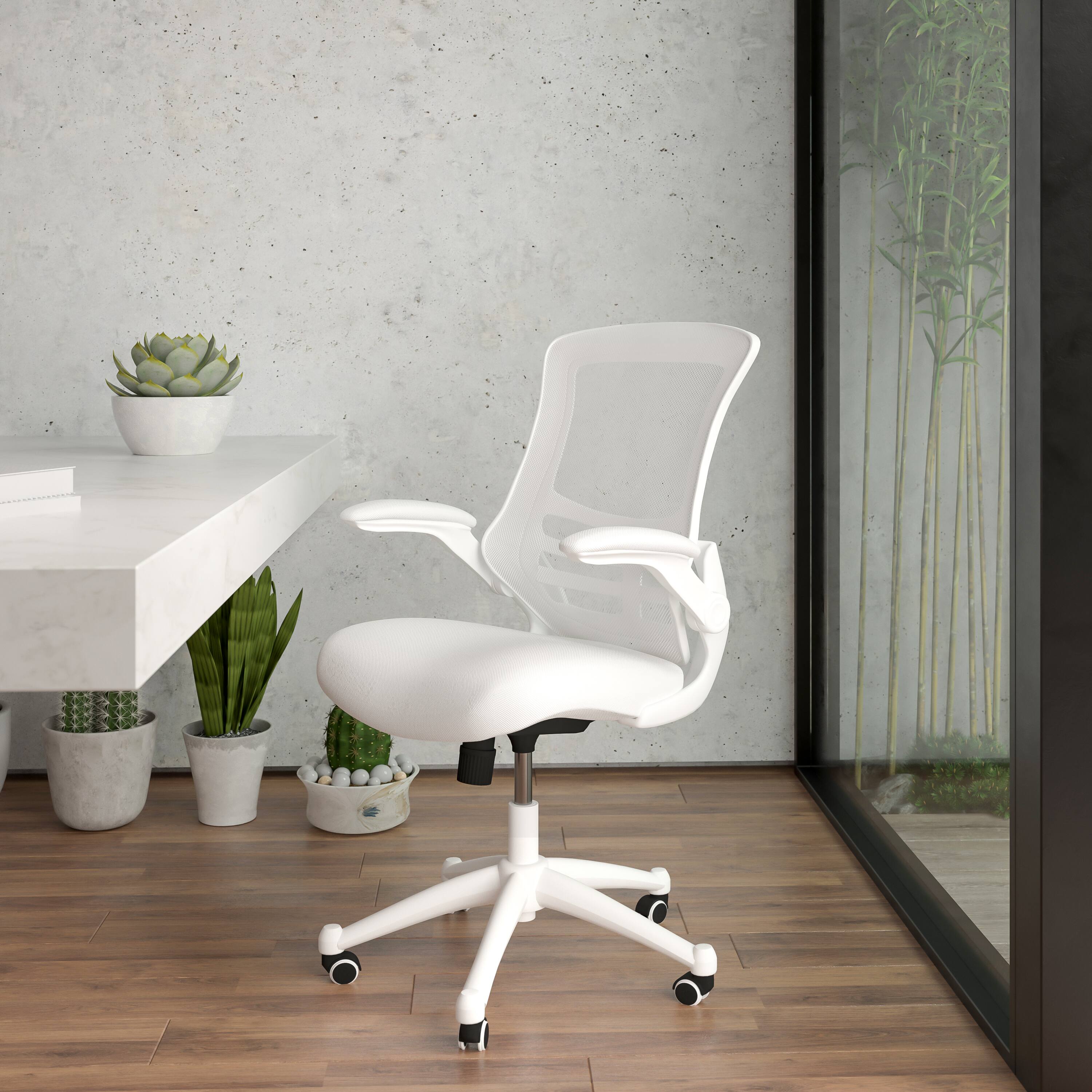 Alt View 1. Emma + Oliver - Mid-Back Mesh Swivel Ergonomic Task Office Chair with Flip-Up Arms - White Mesh/White Frame.
