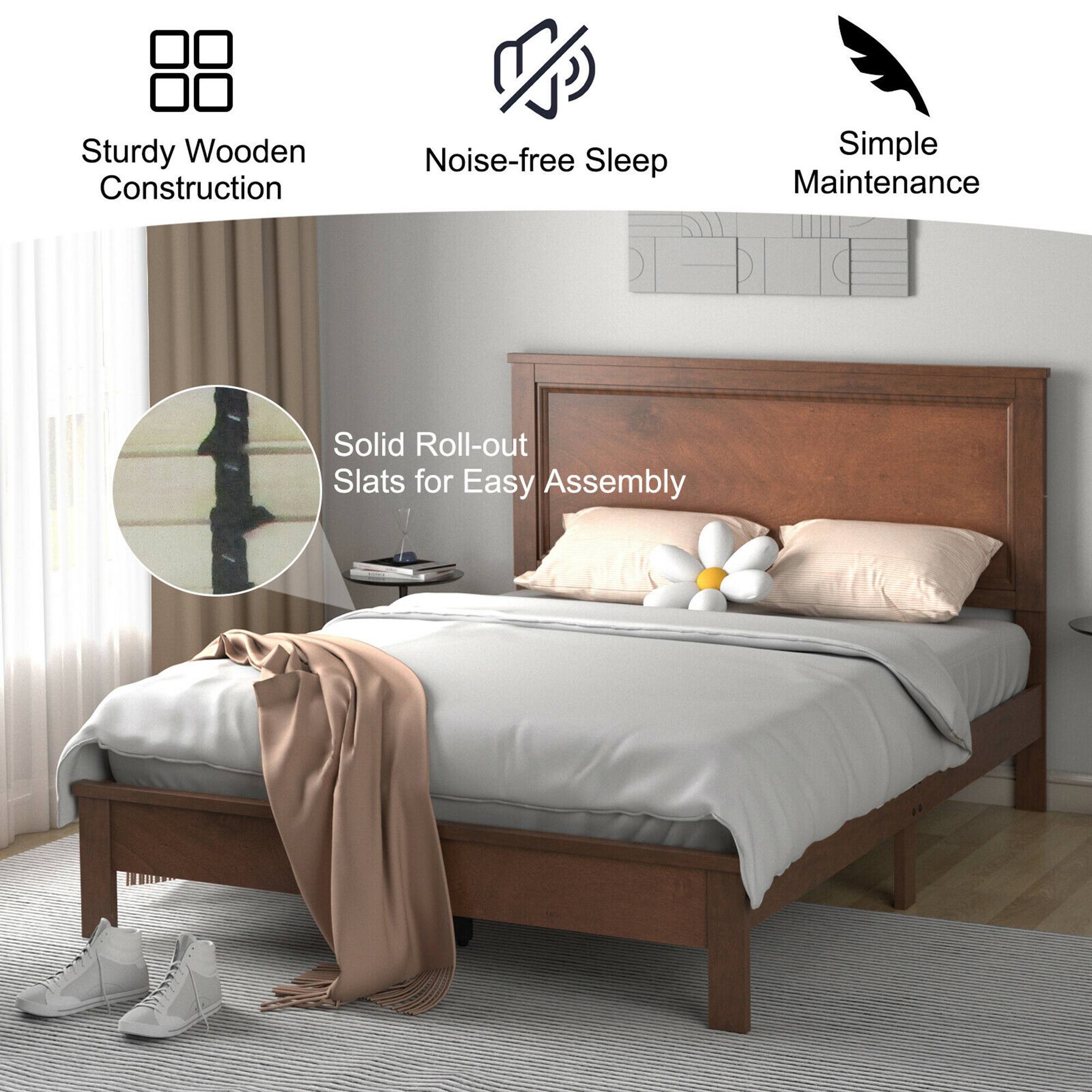 The text on the image is grouped and corrected as follows:

"Sturdy Wooden Construction, Noise-free Sleep, Simple Maintenance, Solid Roll-out Slats for Easy Assembly."