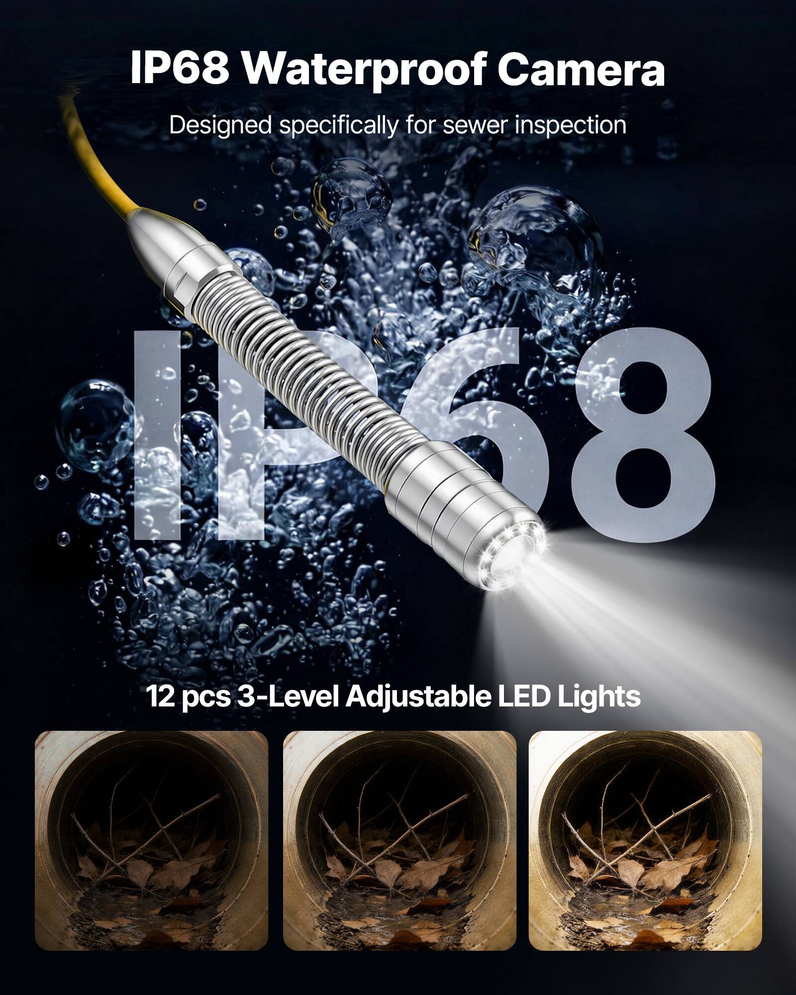 IP68 Waterproof Camera  
Designed specifically for sewer inspection  

12 pcs 3-Level Adjustable LED Lights
