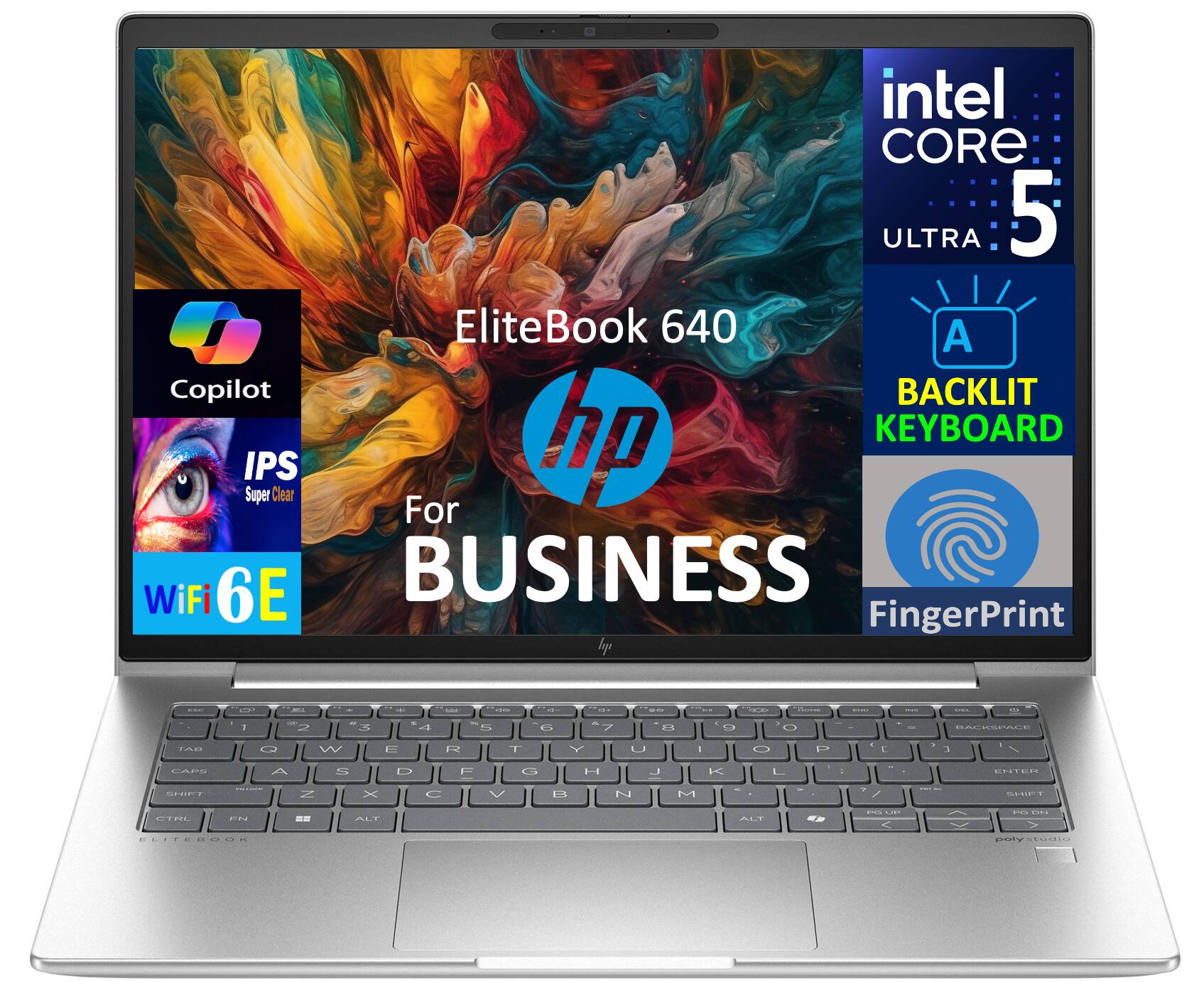 Intel Core Ultra 5 EliteBook 640  
Copilot  
IPS Super Clear  
WiFi 6E  
Backlit Keyboard  
Fingerprint  
For Business