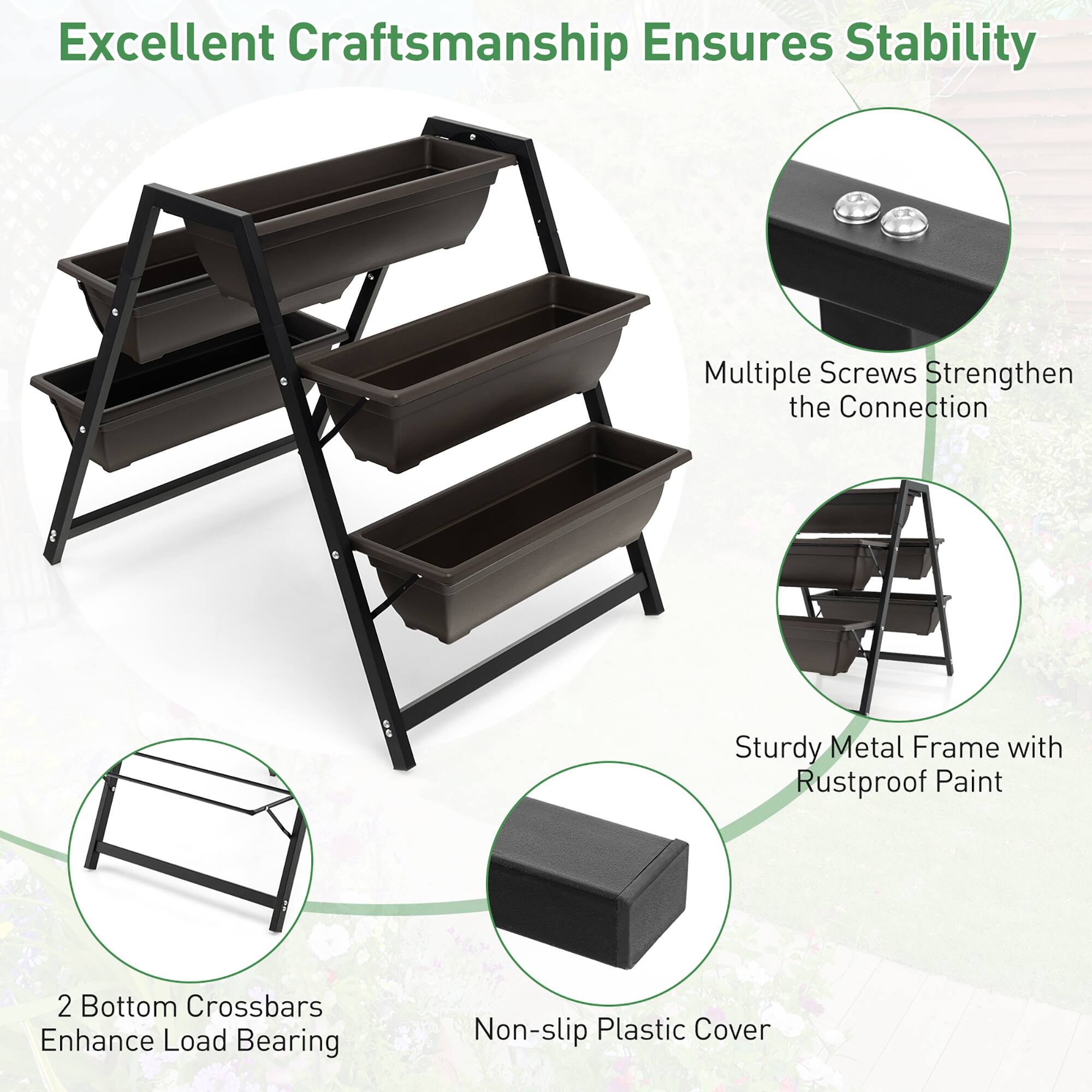 Excellent craftsmanship ensures stability. Multiple screws strengthen the connection. The sturdy metal frame is coated with rustproof paint. The bottom crossbars enhance load bearing. The non-slip plastic cover provides added protection.