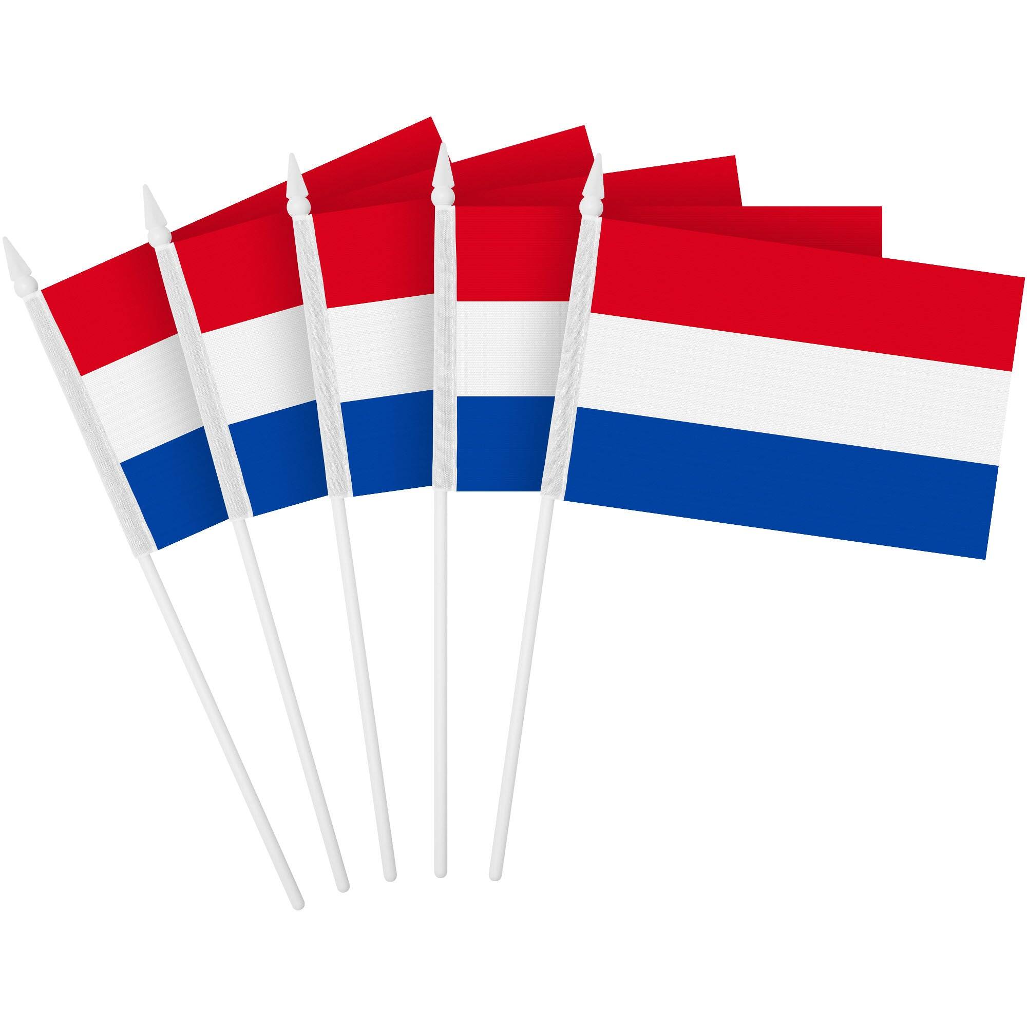 Front. G128 - 50-Pack Handheld Netherlands (Dutch) Stick Flags — 4" x 6", 150D Polyester with Plastic Spear-Tip Stick. - Assorted Colors.