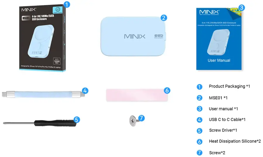 MINIX 4-in-1 M.2 NVMe/SATA MSE01 SSD Enclosure

1. Product Packaging
2. User Manual
3. USB C to C Cable
4. Screw Driver
5. Heat Dissipation Silicone
6. Screw
7. MINIX SSD ENCLOSURE I BGRI up to 1050 B
8. Designed for Phone 15/16 Pro/Pro Max ProRes & Laptop
9. Product Packaging
10. User Manual
11. USB C to C Cable
12. Screw Driver
13. Heat Dissipation Silicone
14. Screw
15. MINIX - STECEN Copae 4-in-1 M.2 NVMe/SATA SSD Enclosure
16. Compatible with Magnate for Phone 15/16 Pro/Pro Max ProRes & Laptop
17. Product Packaging
18. User Manual
19. USB C to C Cable
20. Screw Driver
21. Heat Dissipation Silicone
22. Screw
23. MINIX SSD ENCLOSURE I BGRI up to 1050 B
24. Designed for Phone 15/16 Pro/Pro Max ProRes & Laptop
25. Product Packaging
26. User Manual
27. USB C to C Cable
28. Screw Driver
29. Heat Dissipation Silicone
30. Screw
31. MINIX - STECEN Copae 4-in-1 M.2 NVMe/SATA SSD Enclosure
32. Compatible with Magnate for Phone 15/16 Pro/Pro Max ProRes & Laptop
33. Product Packaging
34. User Manual
35. USB C to C Cable
36. Screw Driver
37. Heat Dissipation Silicone
38. Screw
39. MINIX SSD ENCLOSURE I BGRI up