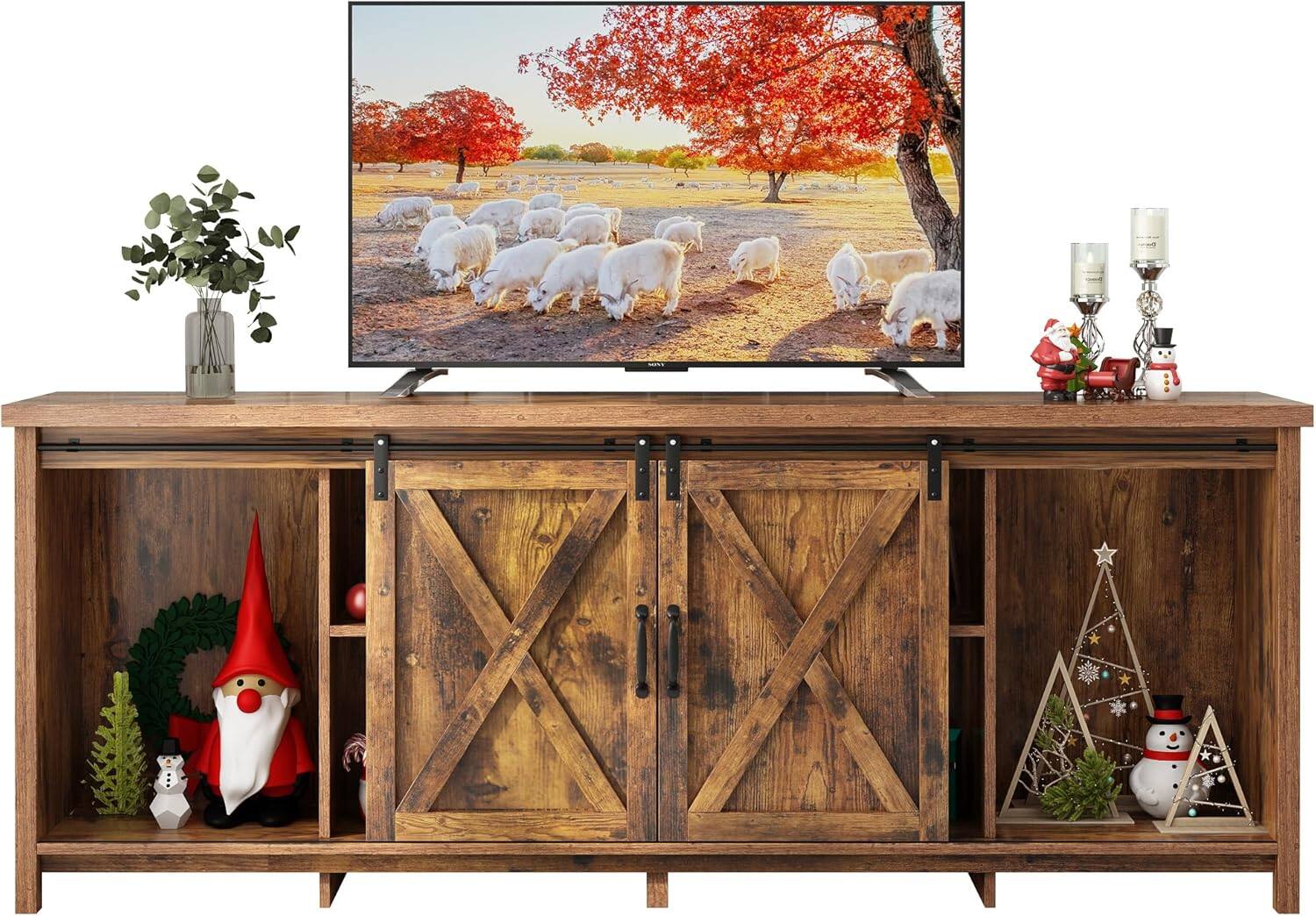 Angle. Espafurni - 70" Farmhouse TV Stand - Fits 70 - 80" TVs, Adj Shelves, Barn Door, for Home - Brown.