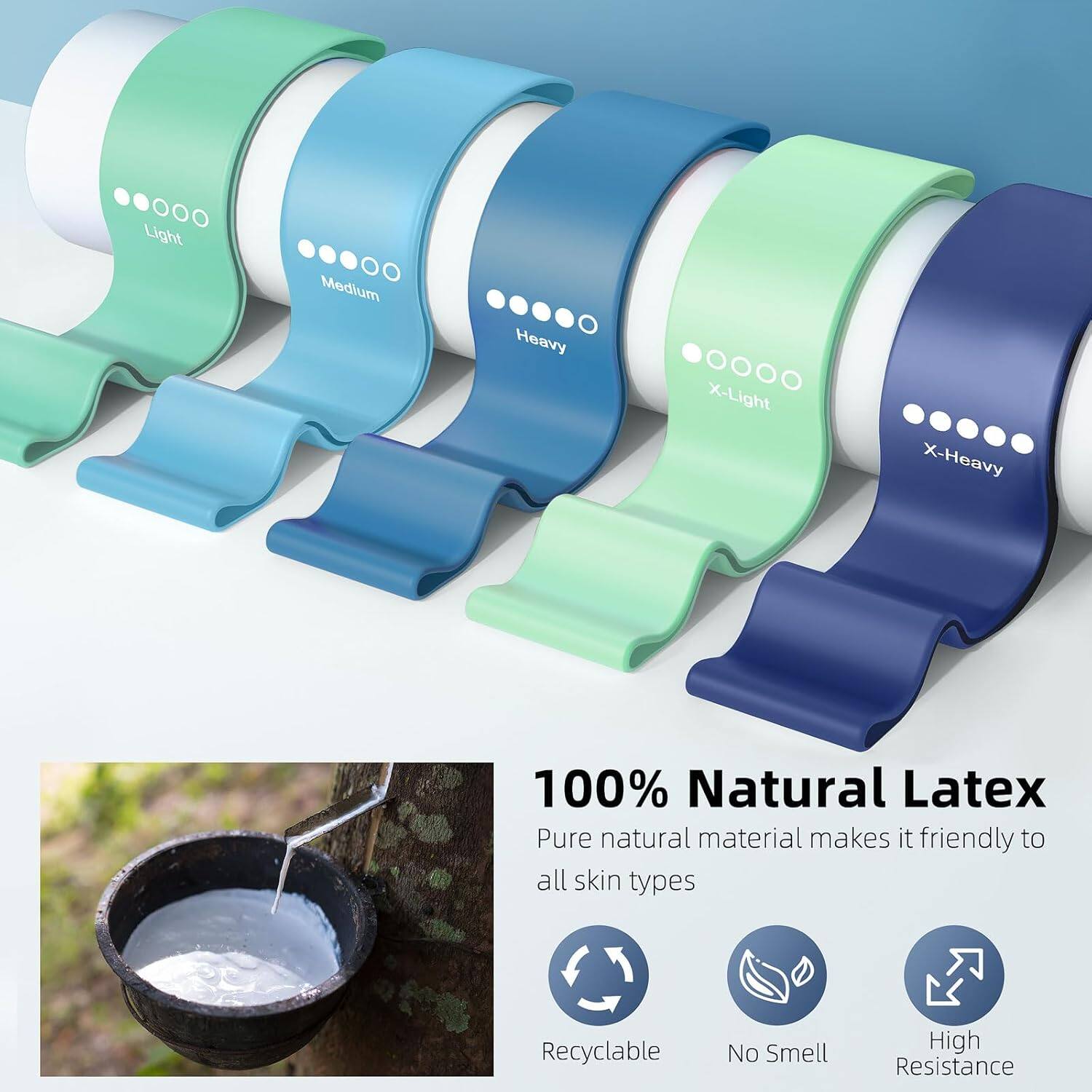 Light Medium Heavy X-Light X-Heavy  
100% Natural Latex  
Pure natural material makes it friendly to all skin types  
Recyclable  
No Smell  
High Resistance