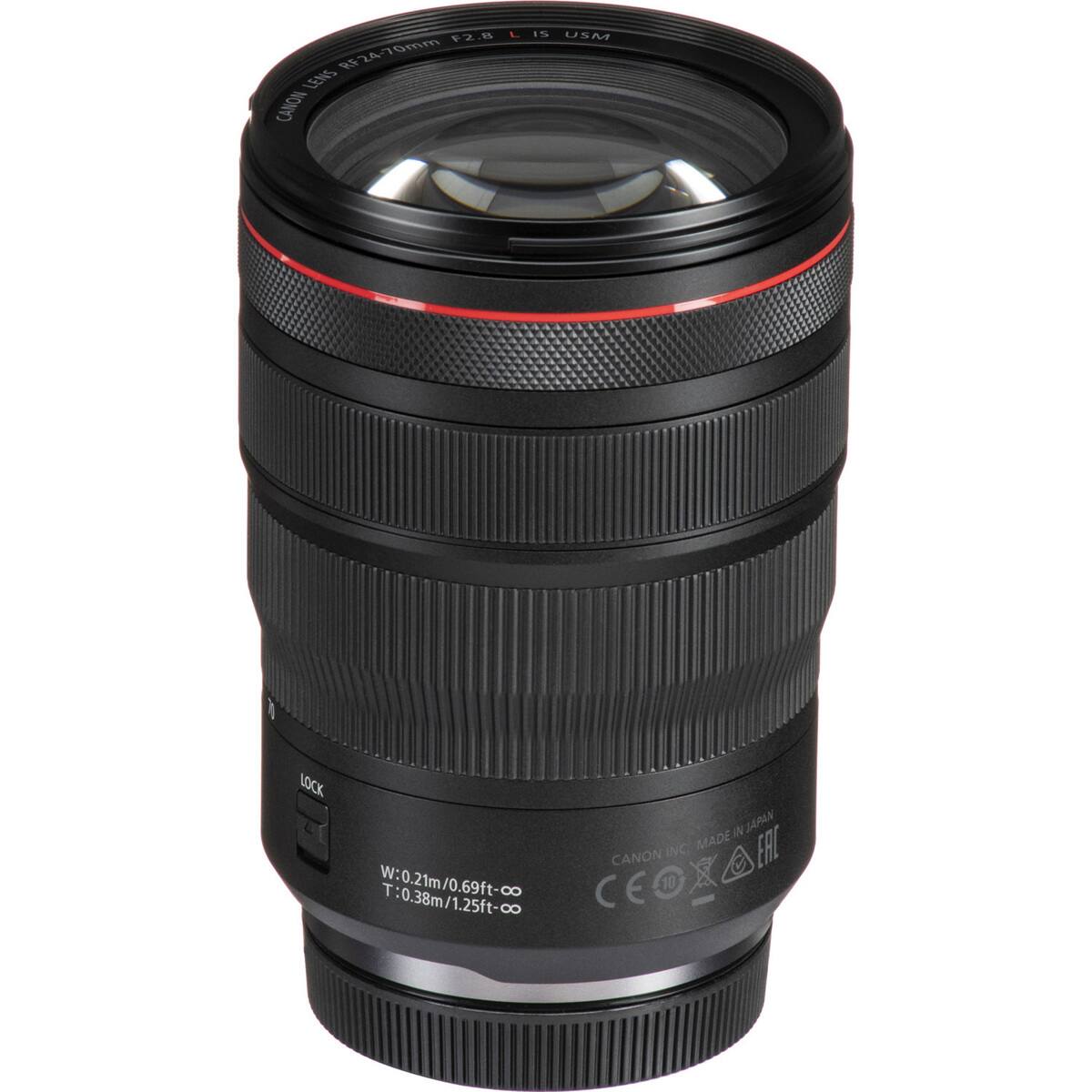 F2.8 LENS RF24-70mm CANON  
IS USM  
LOCK MADE IN JAPAN CANON INC.  
W:0.21m/0.69ft-co  
T:0.38m/1.25ft-co  
CE 10