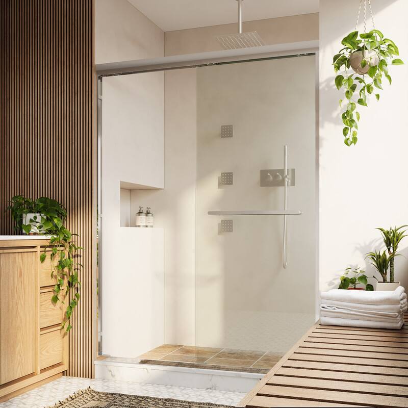 Left. WELLFOR - 50-54 in W x 72 in H Framed Shower Door with Double Sliding & Stainless Steel Towel Bar Handle, 1/4" Tempered Glass - Chrome.