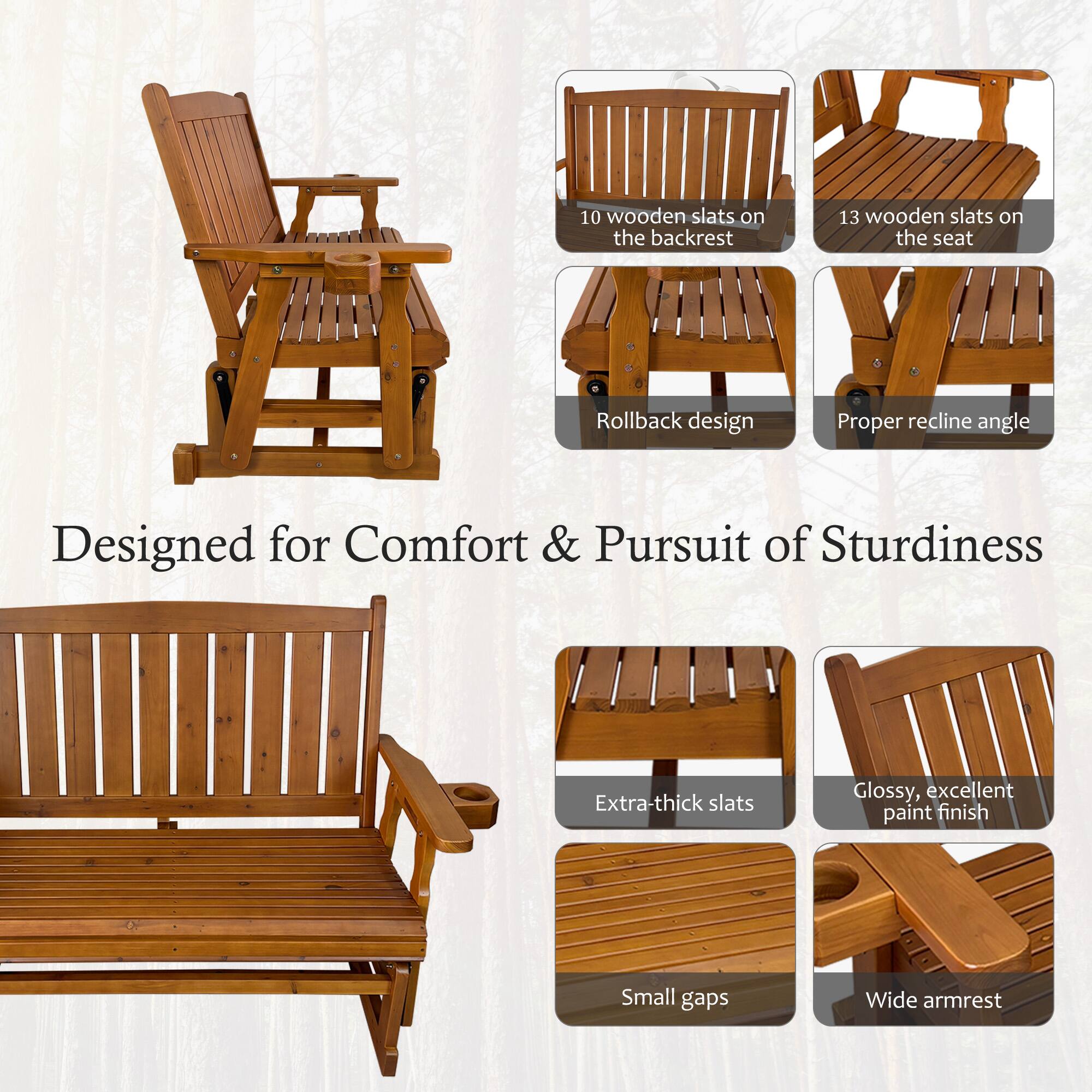 10 wooden slats on the backrest  
13 wooden slats on the seat  
Rollback design  
Proper recline angle  
Designed for Comfort & Pursuit of Sturdiness  
Extra-thick slats  
Glossy, excellent paint finish  
Small gaps  
Wide armrest