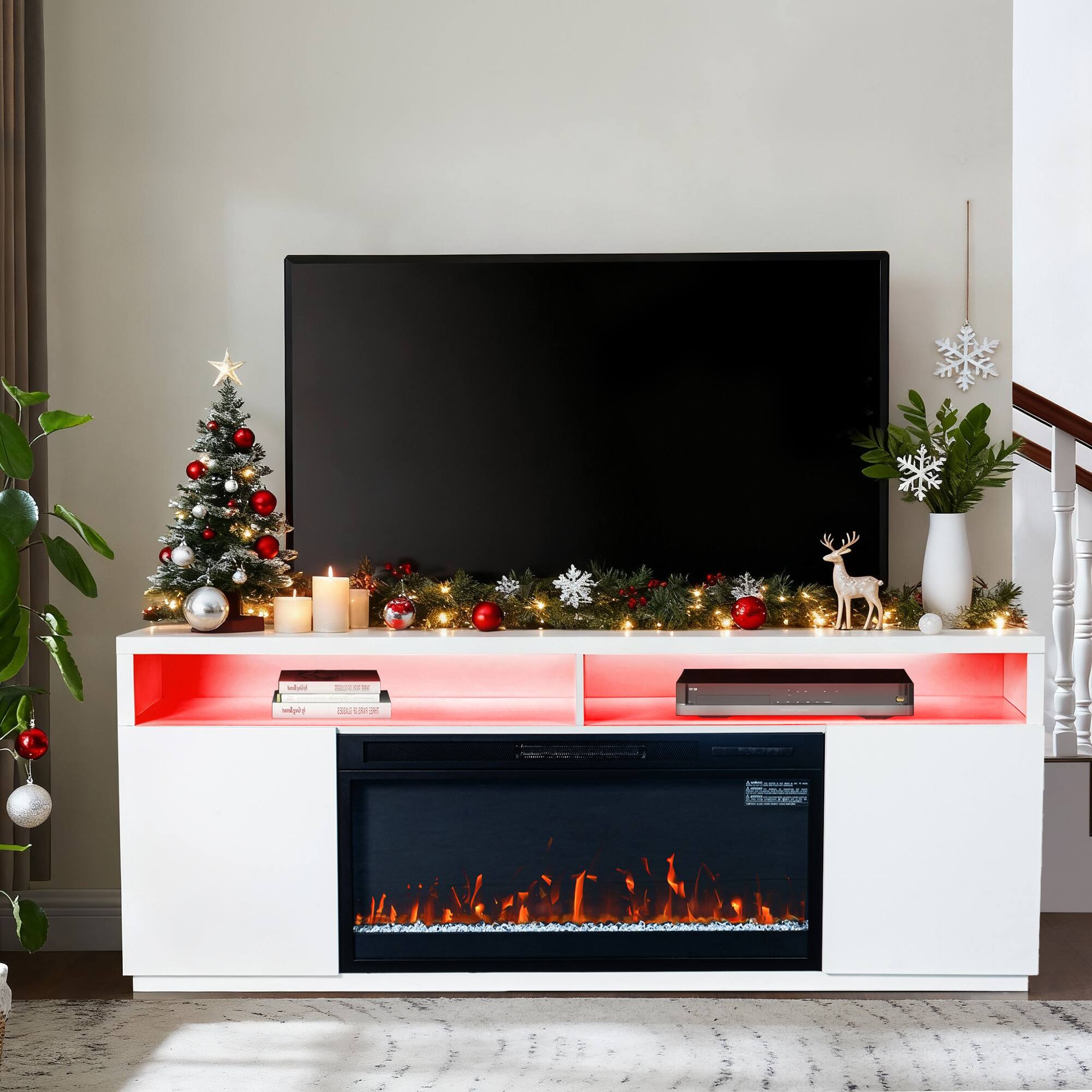 Front. Ihomeadore - 68" White LED TV Stand with Storage and 36" Insert Electric Fireplace for TVs up to 78" - White.