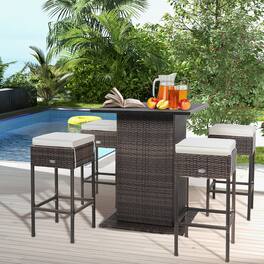 Gymax - 5PCS Patio Bar Set Rattan Bar Furniture Set w/ Table & 4 Cushioned Stools - Brown + Beige + Black