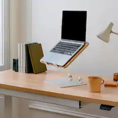 Front. Branch Furniture - Adjustable Laptop Stand – Sleek, Ergonomic Design for Perfect Viewing Angle & Comfort - Woodgrain.