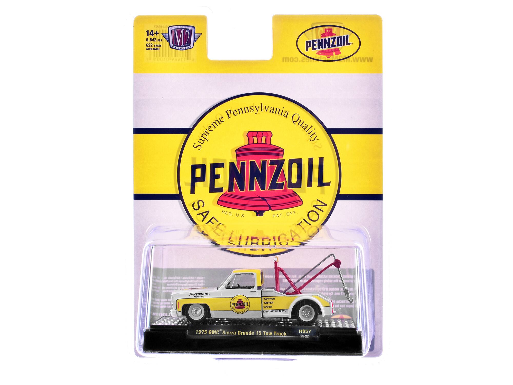 Sure, here is the corrected and grouped text from the image:

---

**Top Left:**
- TH- 14+ 6,842 pcs 622 CHASE 622 WORLDWIDE

**Top Center:**
- www.maeaes.com

**Top Right:**
- PENNZOIL
- www.pennzoil.com

**Middle:**
- Supreme Pennsylvania Quality
- PENNZOIL
- SAFE LUBRICATION
- REG. U.S. PAT. OFF.

**Bottom Left:**
- 1975 GMC Sierra Grande 15 Tow Truck HS57 35-27

**Bottom Center:**
- PENNZOIL
- FARTHER
- FASTER
- LONGER PAY WE DRIVE

**Bottom Right:**
- MD
- MADE IN USA

---

This text is grouped according to its location on the packaging.