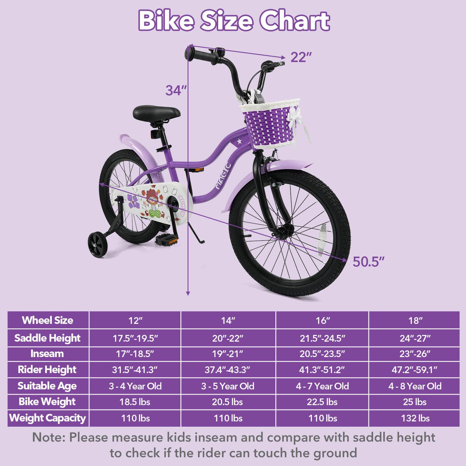 Bike Size Chart

Wheel Size | 12" | 14" | 16" | 18"
--- | --- | --- | --- | ---
Saddle Height | 17.5"-19.5" | 20"-22" | 21.5"-24.5" | 24"-27"
Inseam | 17"-18.5" | 19"-21" | 20.5"-23.5" | 23"-26"
Rider Height | 31.5"-41.3" | 37.4"-43.3" | 41.3"-51.2" | 47.2"-59.1"
Suitable Age | 3-4 Year Old | 3-5 Year Old | 4-7 Year Old | 4-8 Year Old
Bike Weight | 18.5 lbs | 20.5 lbs | 22.5 lbs | 25 lbs
Weight Capacity | 110 lbs | 110 lbs | 110 lbs | 1