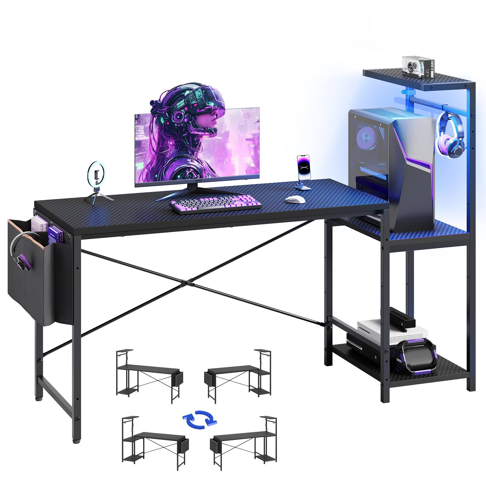 Alt View 5. RSPGAME - 60'' Gaming Desk with Monitor Shelf & Storage Drawer, Ergonomic LED Lights Computer Desk for Home Office - Black.