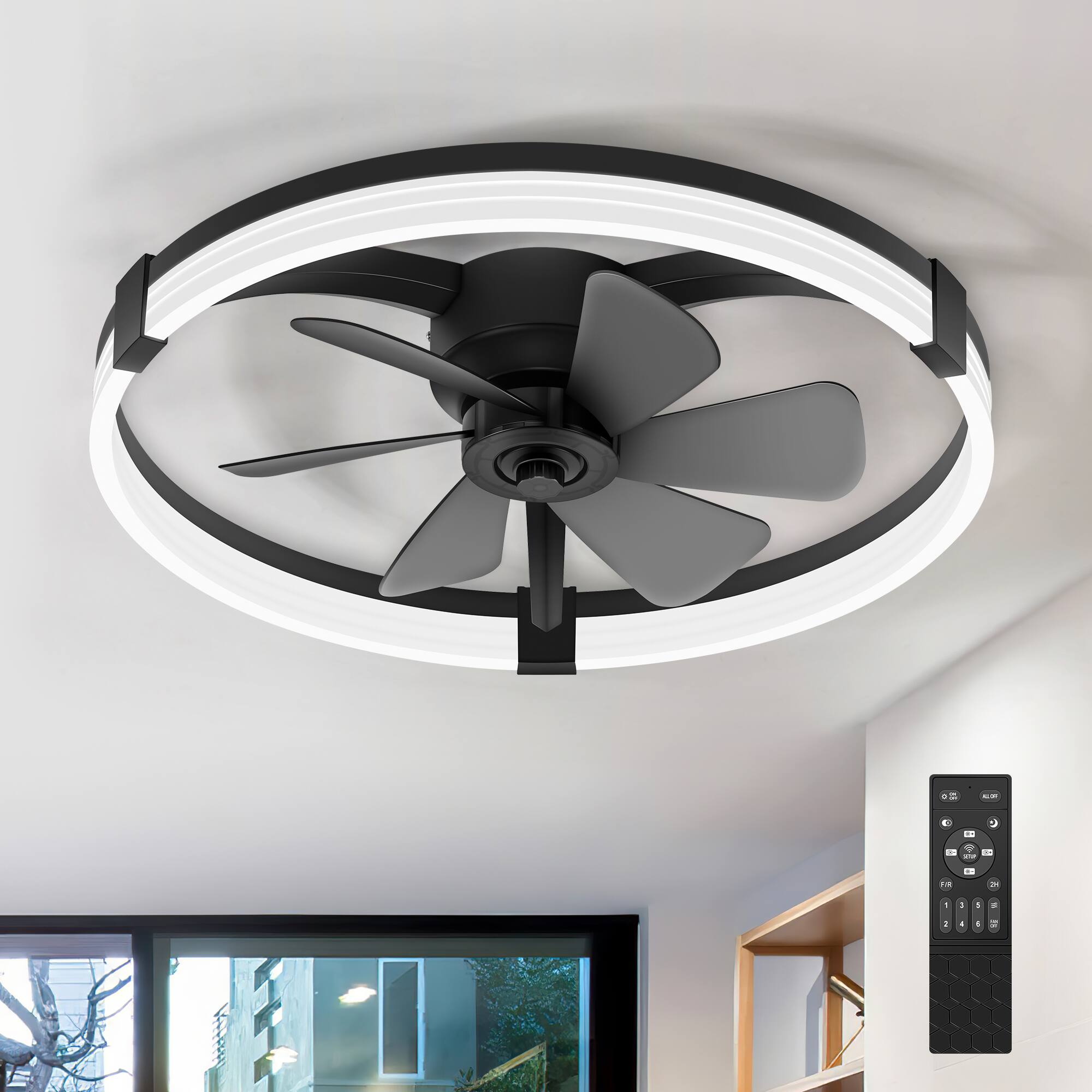 Alt View 6. Breezary - 23-Inch Flush Mount Detachable Enclosed Ceiling Fan - LED Ring Light, Remote, 6 Speeds, Dimmable & Reversible DC Motor - Black and Slate Blue.